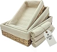 CT SUN 3-Piece Woven Paper Rope Storage Baskets with 2 Sets of Liners (Cream & Daisy) - Shallow Bins for Kitchen, Bathroom, Shelves & Nursery