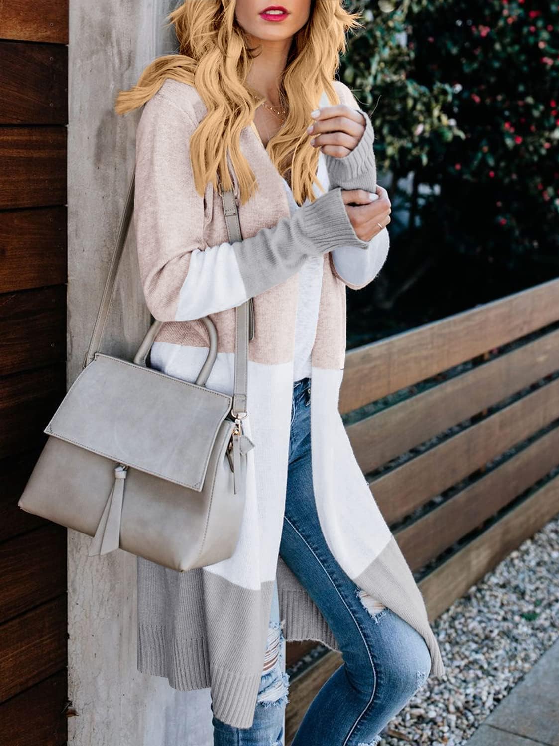 Lovaru Womens Boho Open Front Cardigan Colorblock Long Sleeve Loose Knit Lightweight Sweaters - Image 3