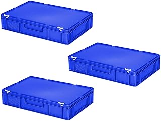 3 Contenedores Europeos con Tapa, PE-HD, 600 x 400 x 130 mm, 23 Litros, Color Azul