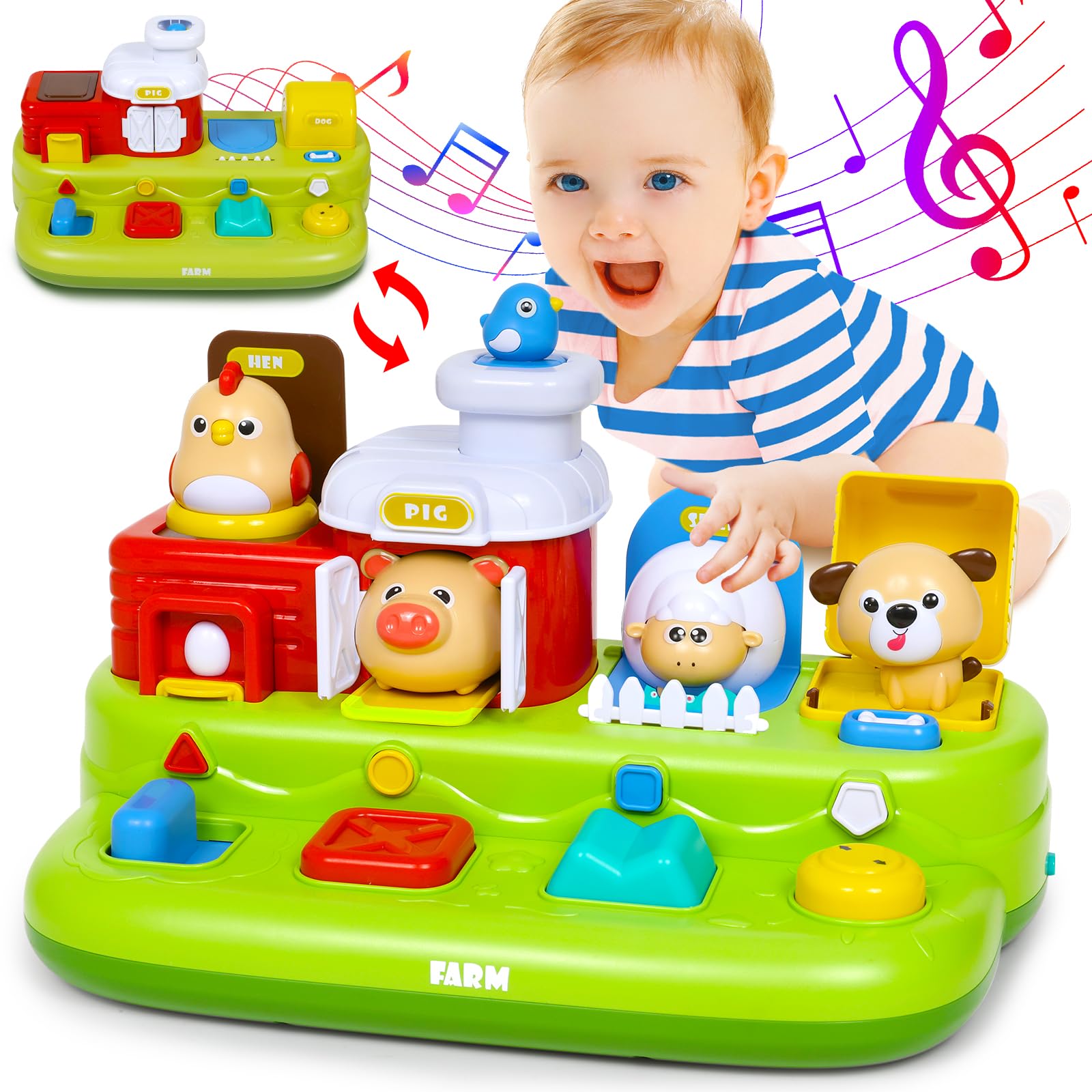 Vunrahsg Interactive Pop Farm Animal Up Toys with Music Sounds Montessori Cause and Effect for 1-3 Baby Boy Girl Early Educational Musical Baby Infant STEM Gift 9-12-18 Months Babies Birthday