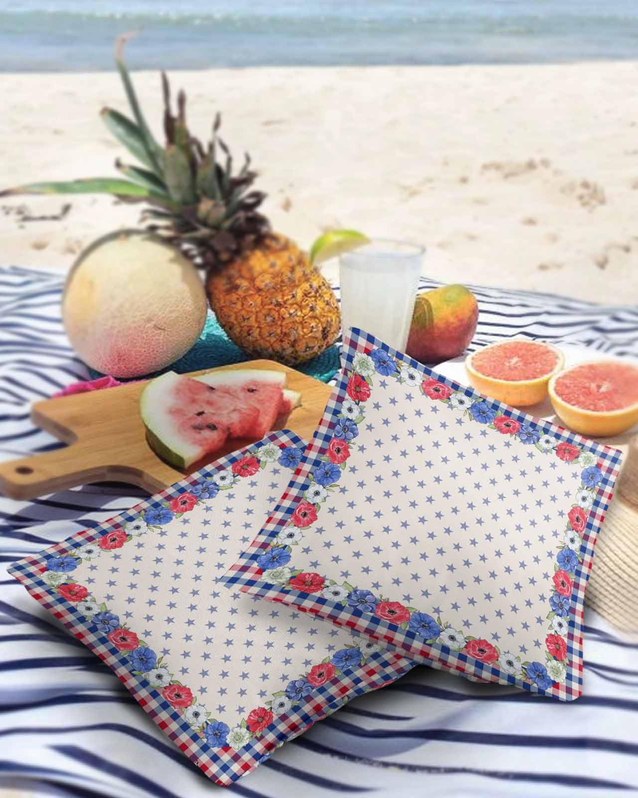 4th of July Flower Outdoor Pillow Covers Waterproof,All Weather Cushion Case Set of 2 Decorative Pillowcases for Sofa Couch Bed Decor Patio Furniture 16