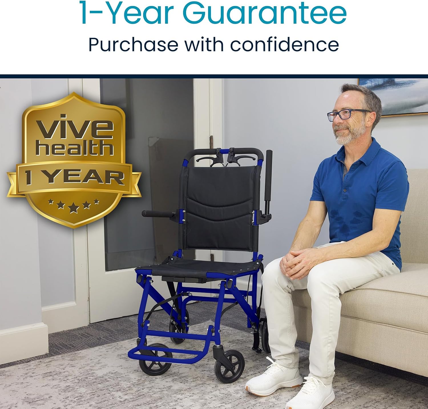 Vive Health 1-Year Guarantee badge displayed next to the Vive Mobility Ultra-Lightweight Transport Wheelchair.