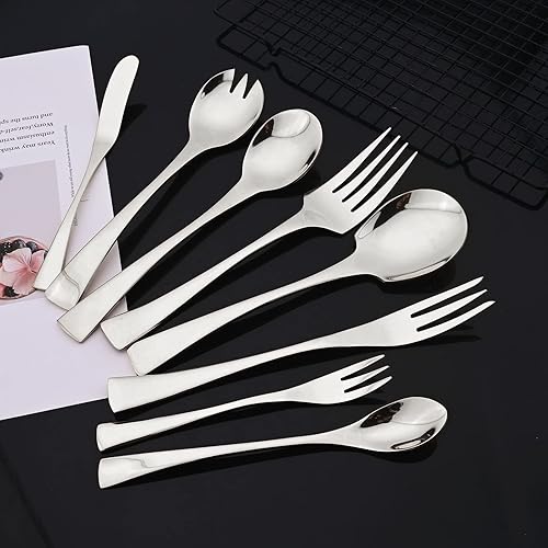 Miniatura 2 de JASHII Juego de 2 cucharas de ensalada plateadas, 2 tenedores de ensalada, cucharas redondas de acero inoxidable, juego de cucharas de mesa