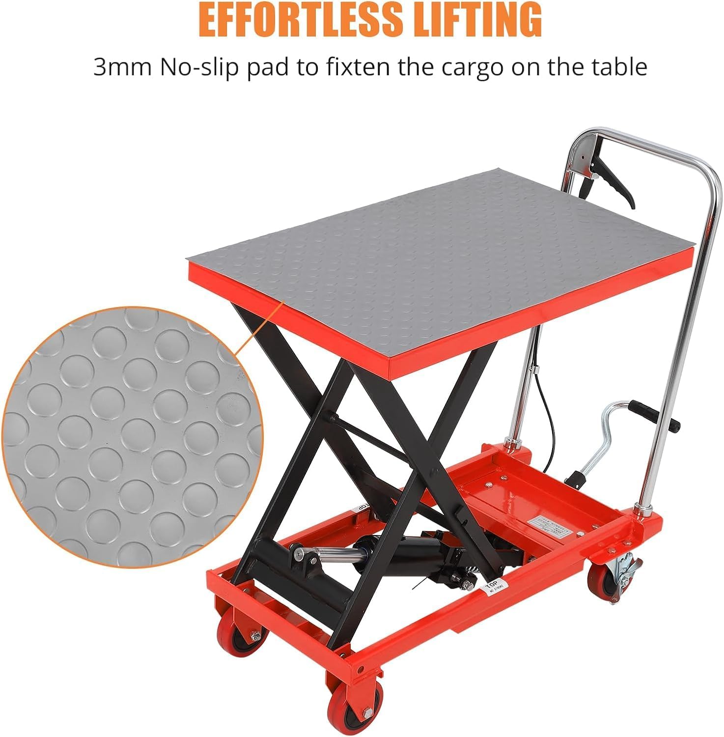 Hydraulic Lift Table Cart, 500lbs Capacity 28.5" Lifting Height with 4 Wheels and Non-Slip Pad Lift Table, Manual Single Scissor for Material Handling and Transportation, Red