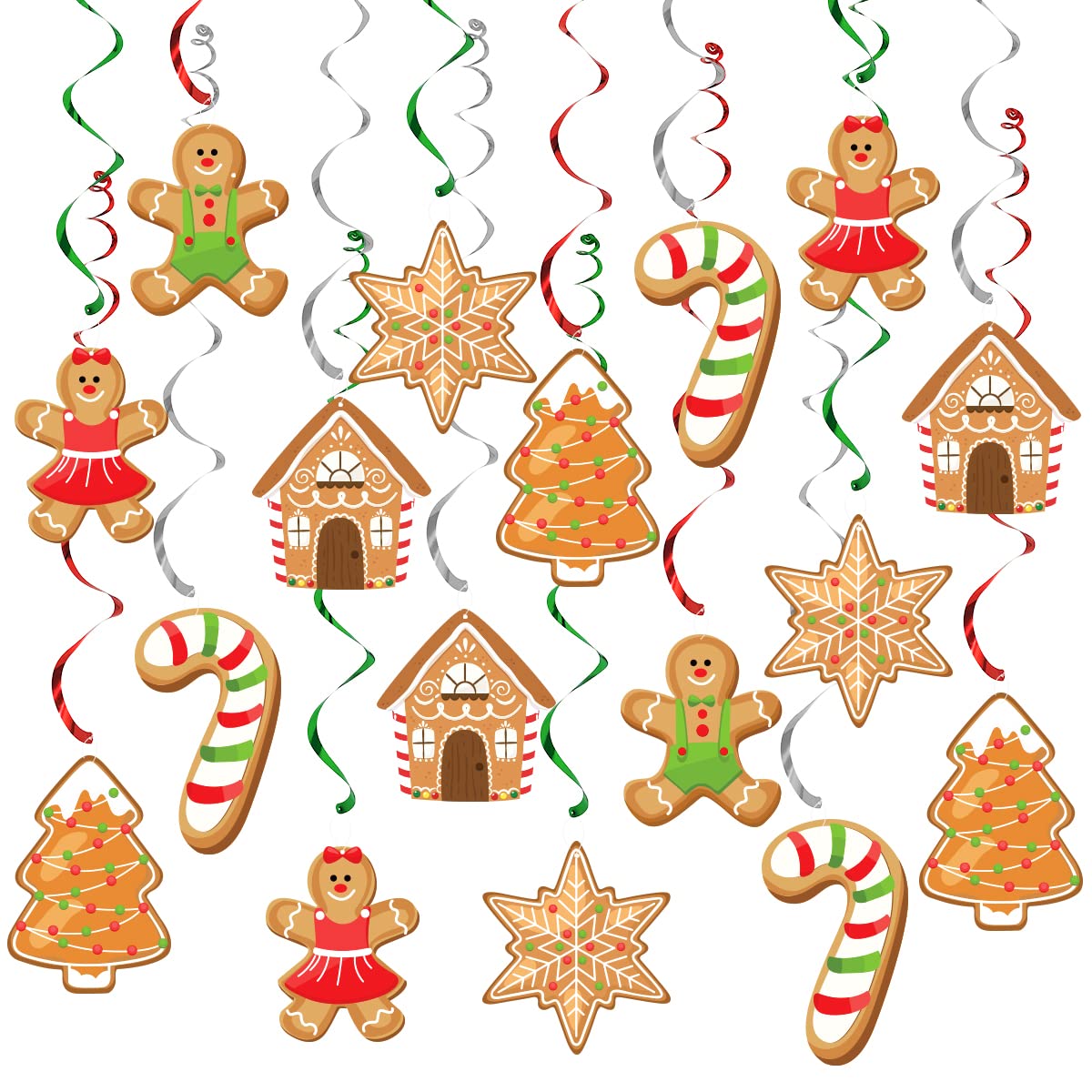 20Pcs Gingerbread Man Theme Hanging Swirl, Merry Xmas Gingerbread Man Snowflake Ceiling Hanging Streamers, Double-Sided Winter New Year,Holiday, Christmas, Birthday Party Supplies&Baby Shower Decor