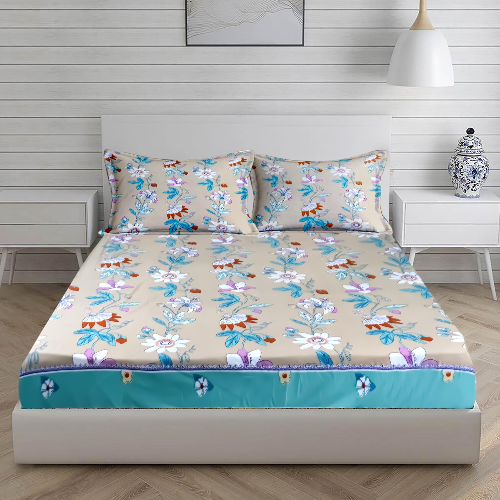 Bedsheet for Double Bed Elastic Fitted, Dabal Bedsheet,Wedding Bedsheet for Summer, Garmi ki Cotton Bed Sheet, 210TC Blue Bedsheet