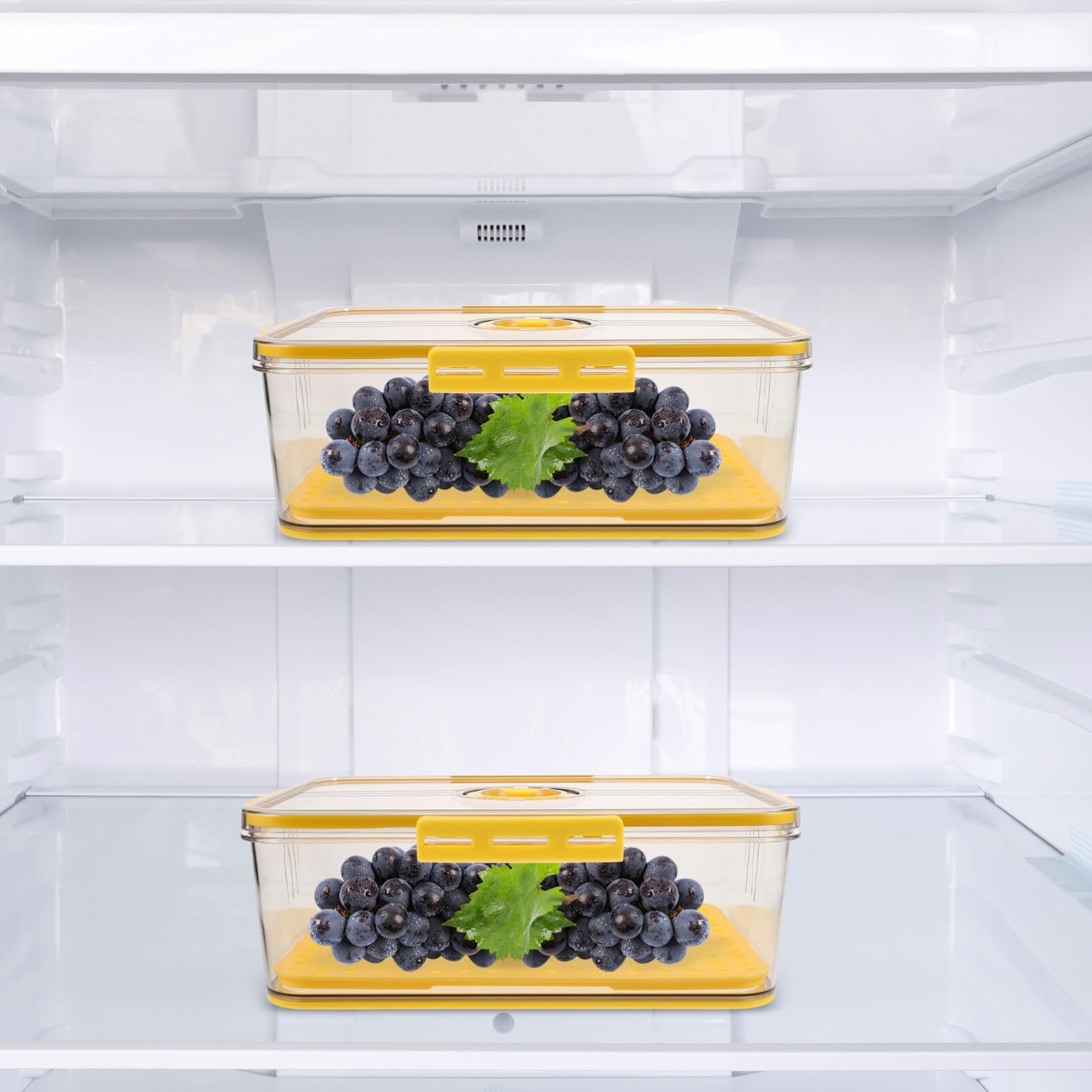 Kühlschrankbox Frischebox aus Pet mit 4-seiten Verschluss und Dichtungsring | Abtropfplatte, Gelb, für Küche und Vorratsraum, mit Zeitwahl für Obst und Zutaten