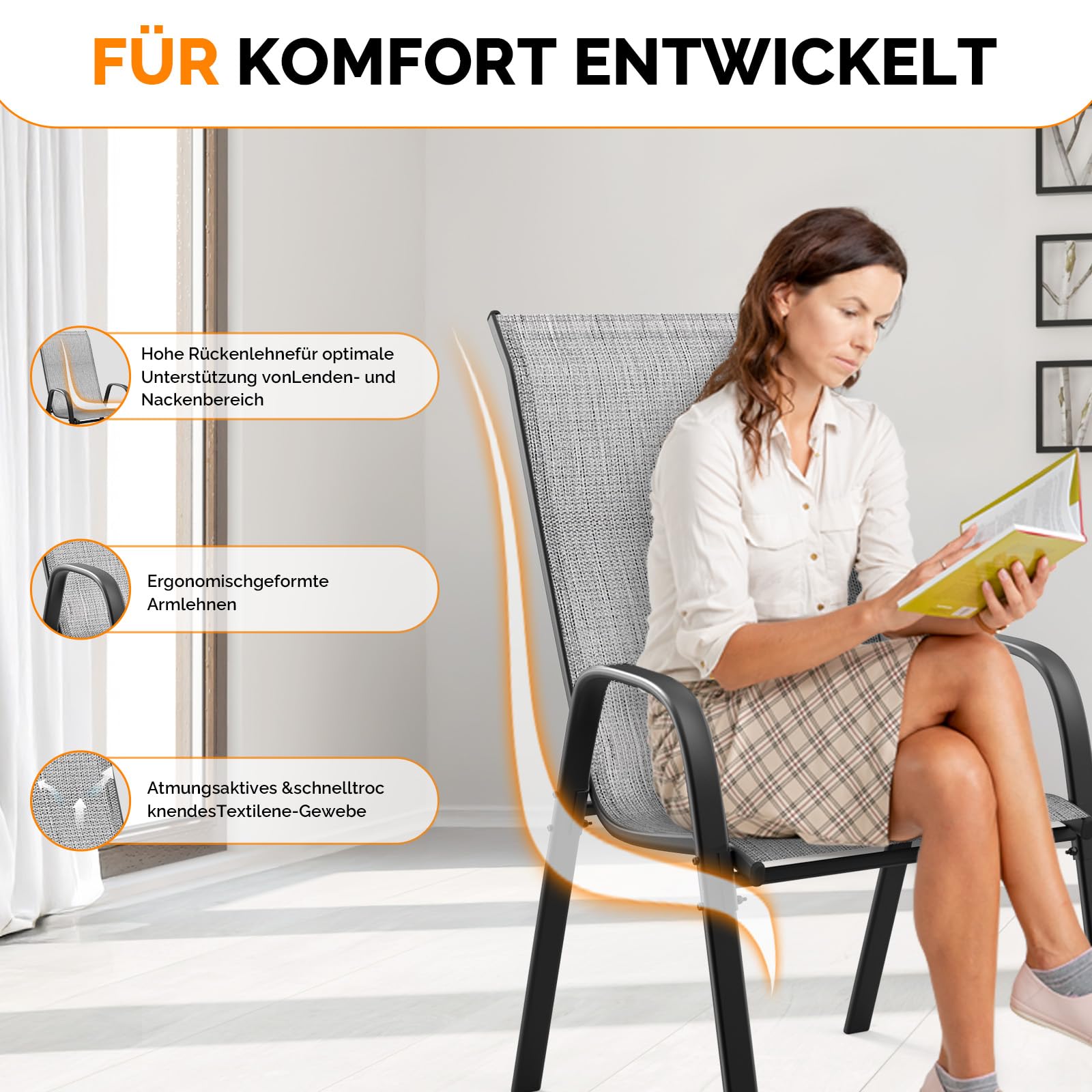 Bonnlo Stapelbare Gartenstühle 2er Set, Outdoor-Essstühle, Wetterfeste Stapelstühle mit Atmungsaktivem Textilene, Robustes Metallgestell, für Balkon, Terrasse & Garten, bis 180 kg, Grau