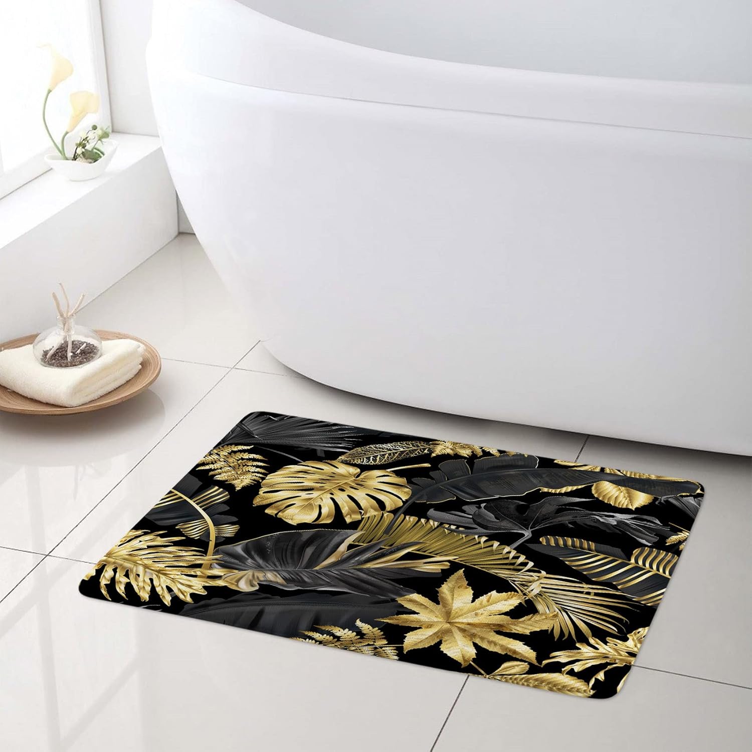 LB Black and Gold Shower Curtain Sets with Rugs Banana Palm Leaf and Monstera Tropical Plant Fabric Shower Curtain with Hooks Nature Bathroom Curtains Shower Set, 72x72 inches