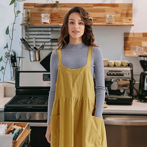 Miniatura 6 de Surblue Delantal de lino de algodón con espalda cruzada para mujer, con bolsillos, vestido para hornear, cocinar, jardinería