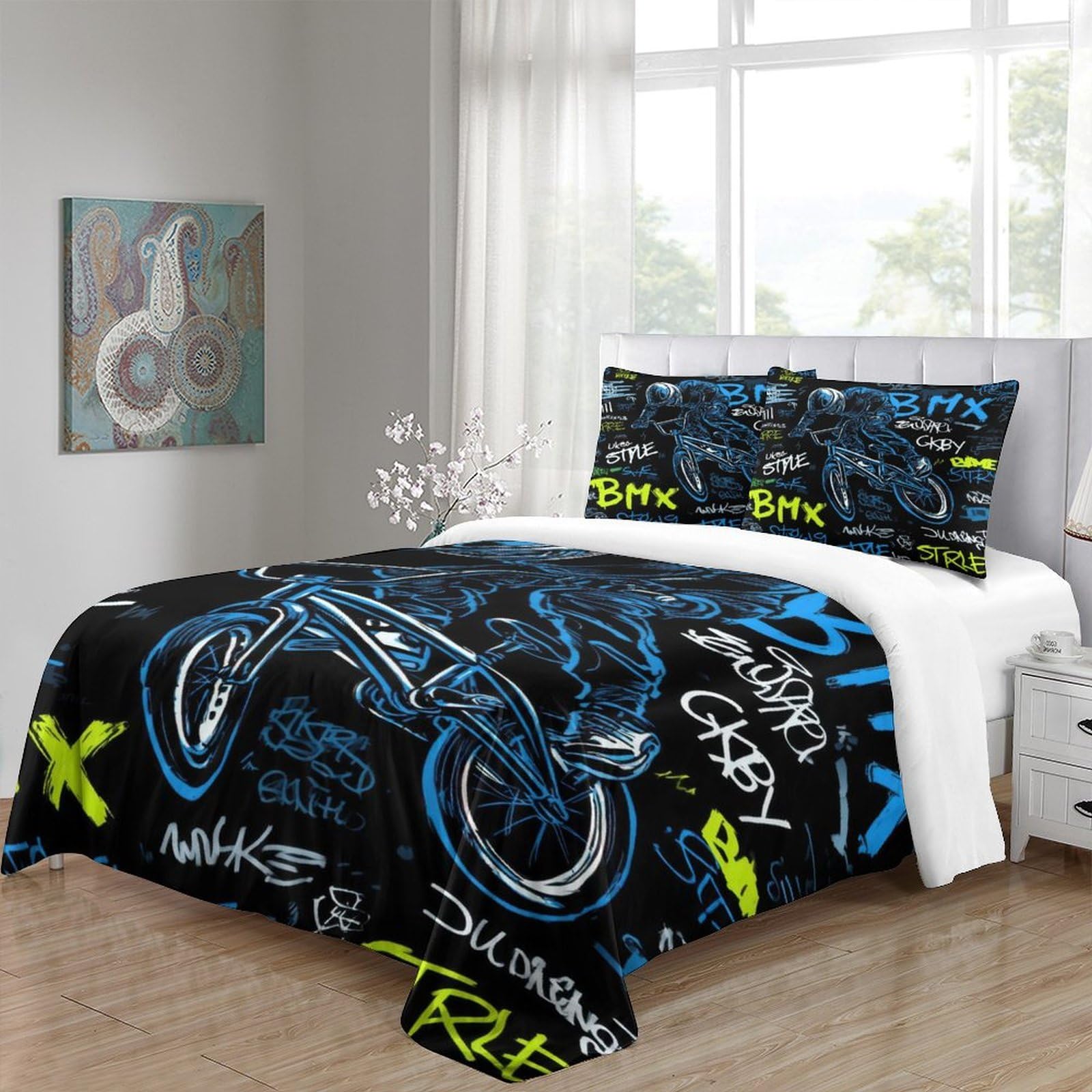 Housse de Couette BMX Imprimée 3D Graffiti Microfibre Décor Chambre Ensemble de Literie BMX Graffiti pour Ados Doux Respirant Cadeau Dortoir King（220x240cm）