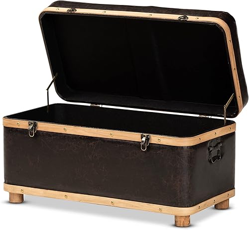 Miniatura 4 de Baxton Studio Gendry - Otomana moderna rústica de transición de piel sintética marrón oscuro tapizada y acabado marrón roble, gran almacenamiento