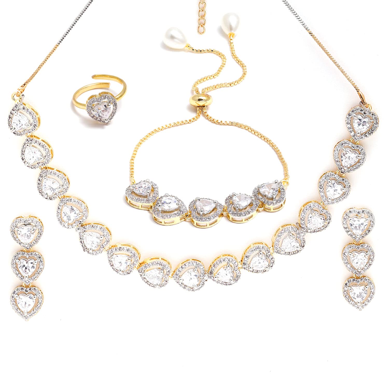 ZENEME Gold-Plated American Diamond Studded Designer Fashion Combo Of Necklace Ring Bracelet and Earring Jewellery Set For Women and Girl (Heart) (B0B6SN3R2R) Amazon Price History, Amazon Price Tracker