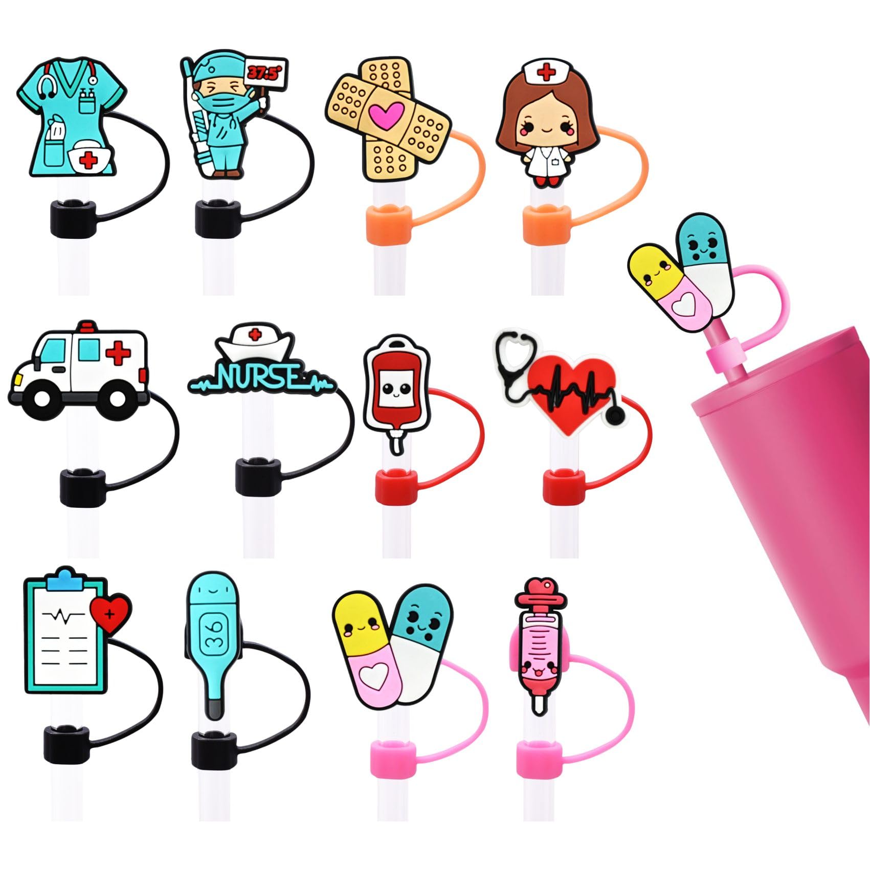 Nurse Straw Toppers for Stanley Cup 30 & 40 Oz Tumblers, Fits 9-11mm Reusable Straws, Silicone Straw Covers for Water Bottles, Cute Nurse Gifts