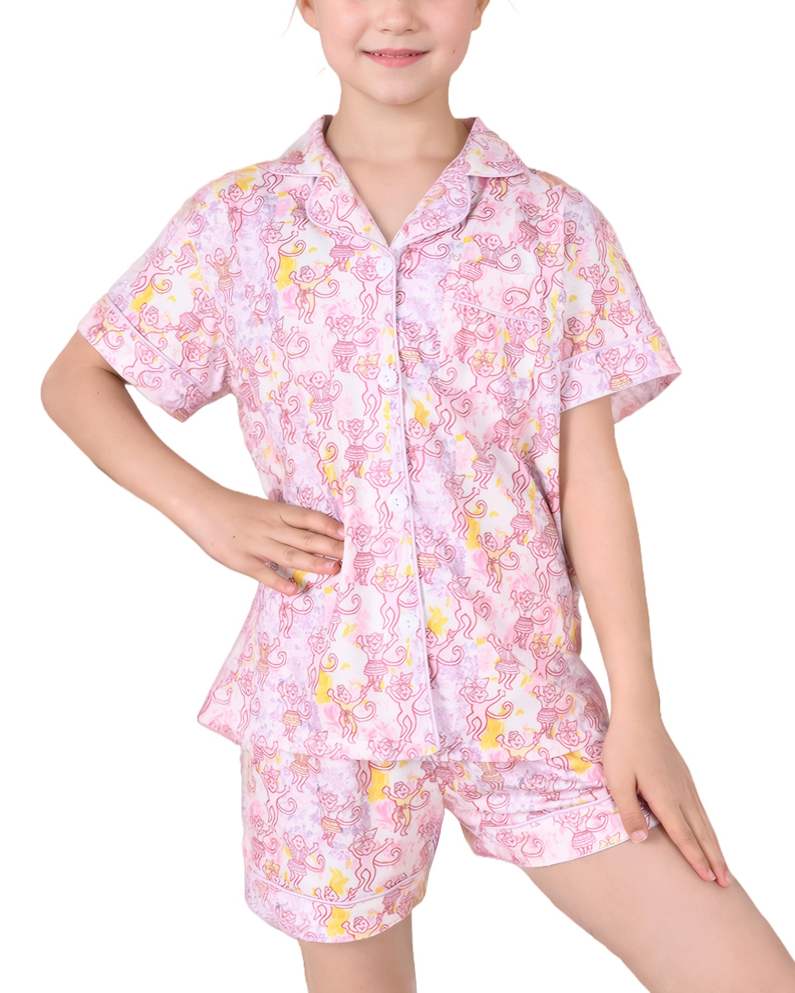 Girls Pajamas Sets, Kids Monkey Button Down Sleepover Loungewear