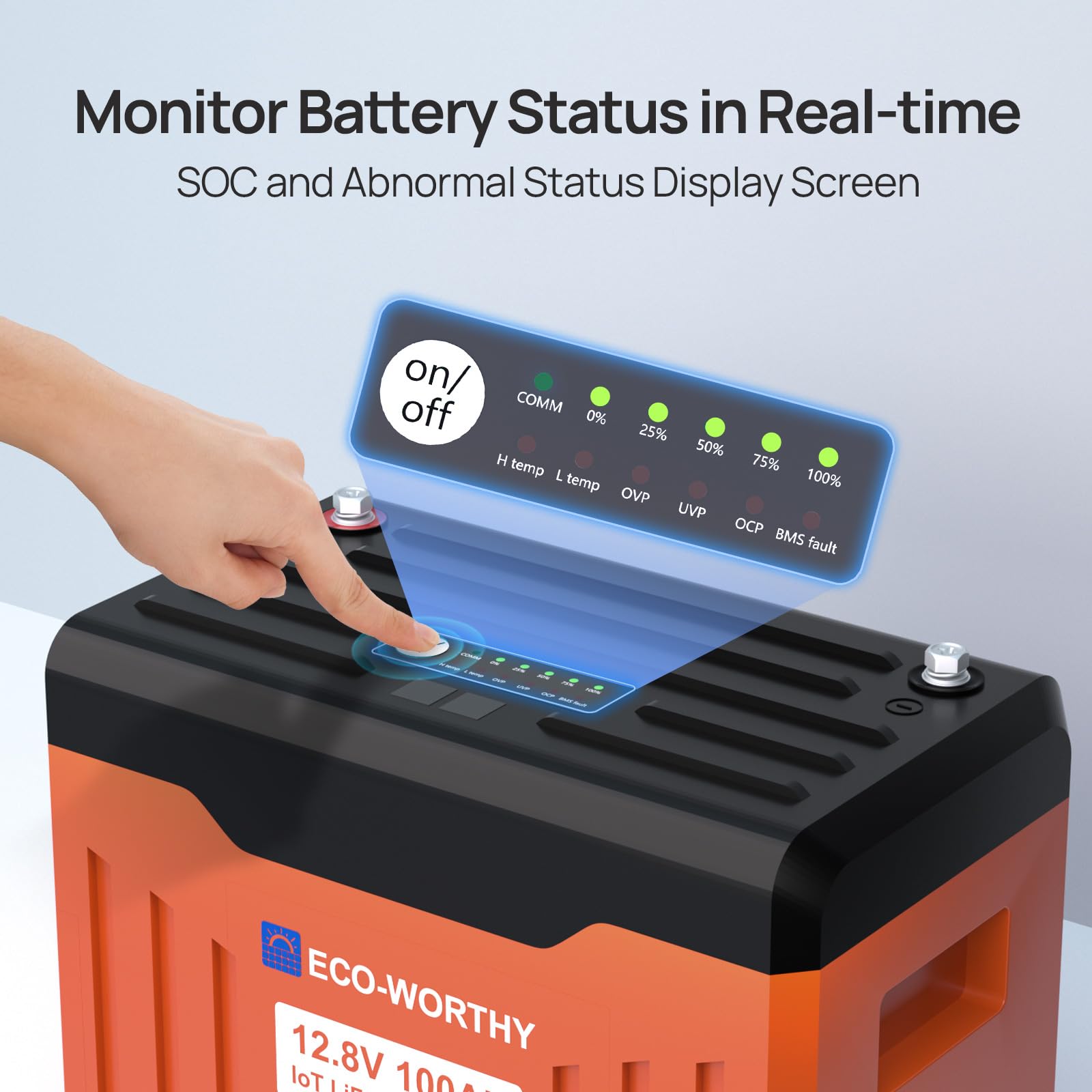ECO-WORTHY Batterie Lithium 12V 100AH Bluetooth Batterie Lifepo4 avec Protection Basse température et 100A BMS,1280Wh Batterie pour Camping-Car, Panneau Solaire, Kit Solaire, Bateau, Moteur Trolling