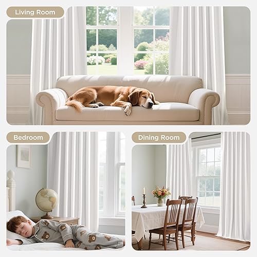 Miniatura 2 de Joydeco Cortinas opacas blancas de 84 pulgadas de largo, juego de 2 paneles de cortinas opacas 100% de lino, bolsillo para barra y pestañas