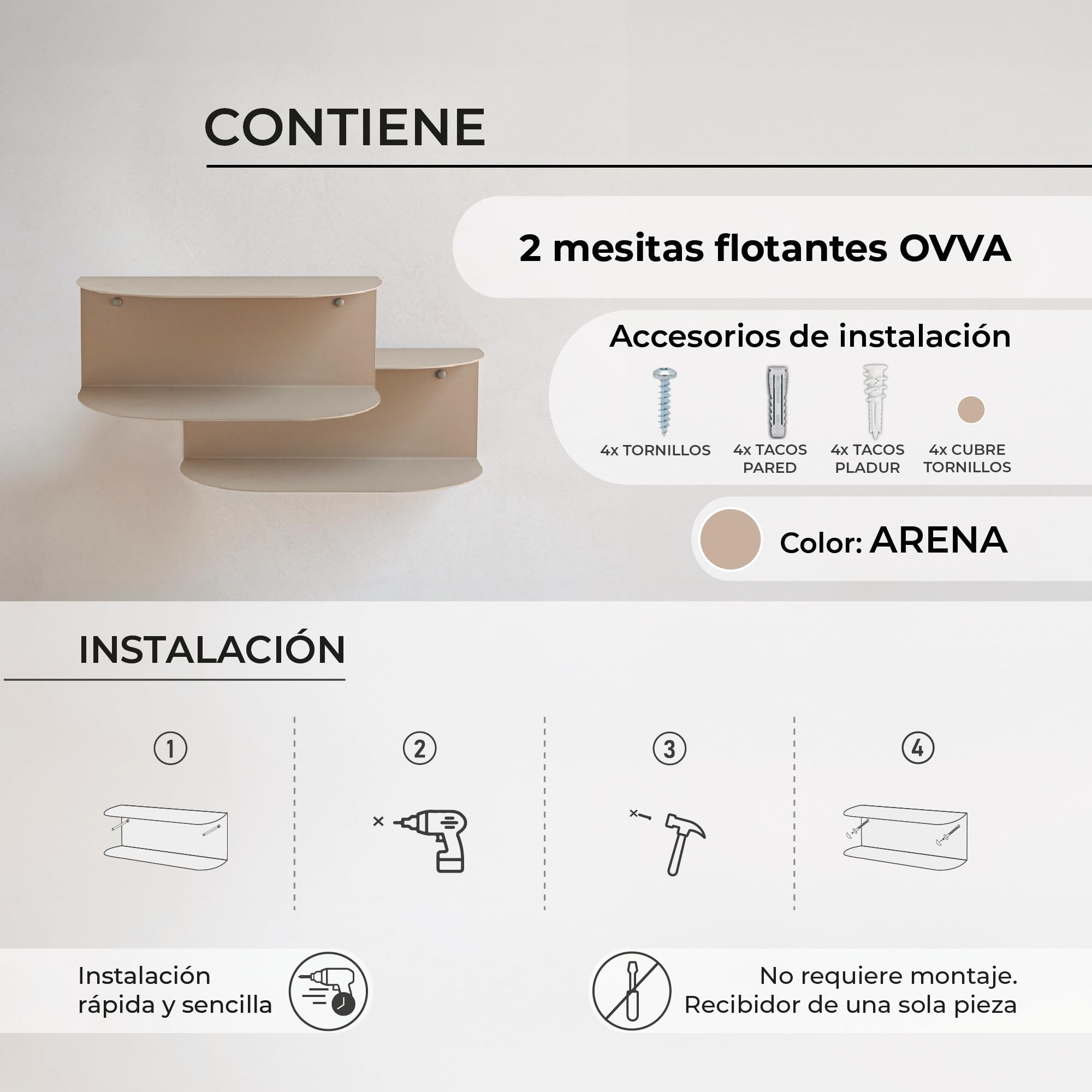 MILUKA Pack 2 Mesitas de Noche Flotantes en Beige Arena 40 x 20 cm | Estanteria Pared Moderna con 2 Baldas en una Sola Pieza | Diseño Minimalista - Sin Montaje | Hecho en España