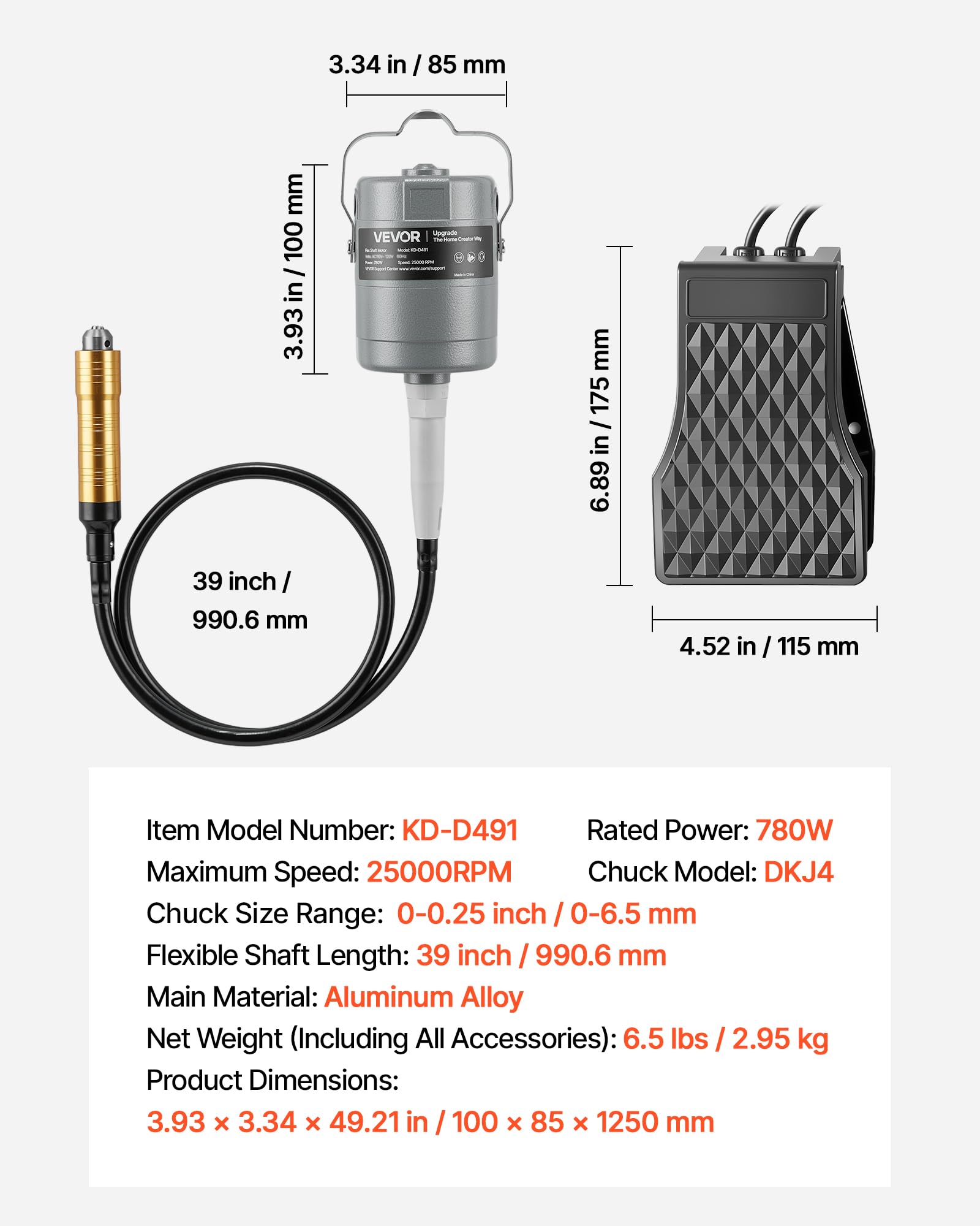 VEVOR Smerigliatrice ad Albero Flessibile 780 W 25000 giri/min Elettrica Lucidatrice Sospesa con Controllo a Pedale
