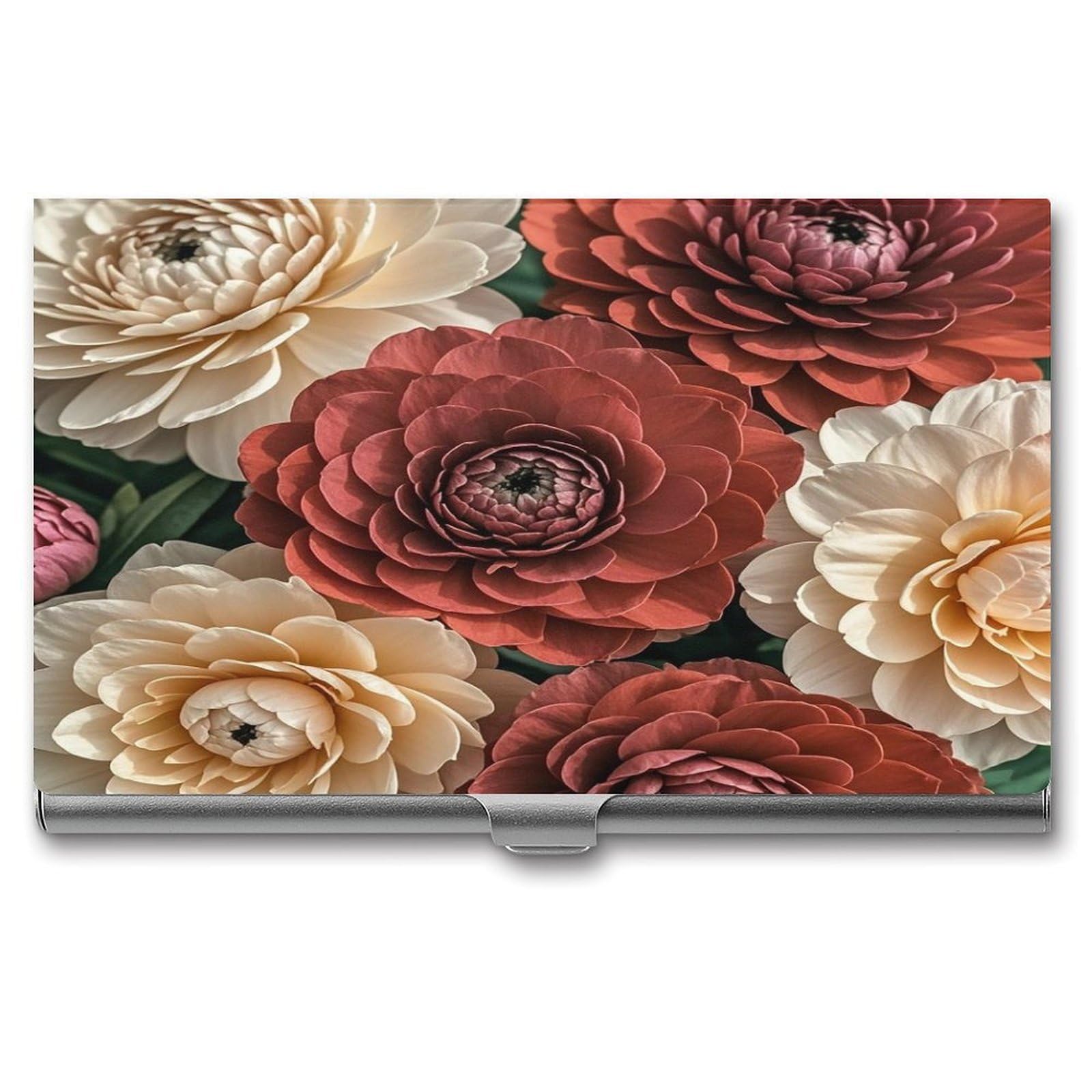 FekiLoot Red And Pale Flowers Business Card Holder Aluminum Alloy Business Card Case Convenient to Carry Business Card Dispenser for Men Women