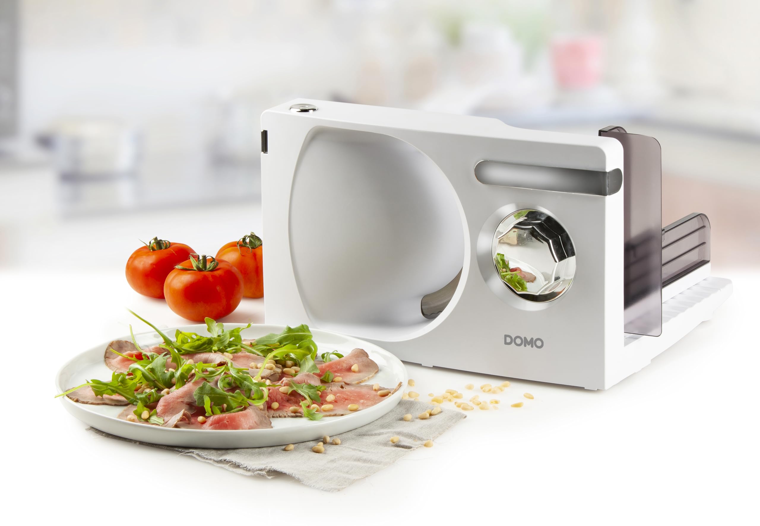 DOMO DO523S Trancheuse Electrique Ø 17 cm - 0 à 15 mm - Moteur silencieux DC de 120 W - Blanc