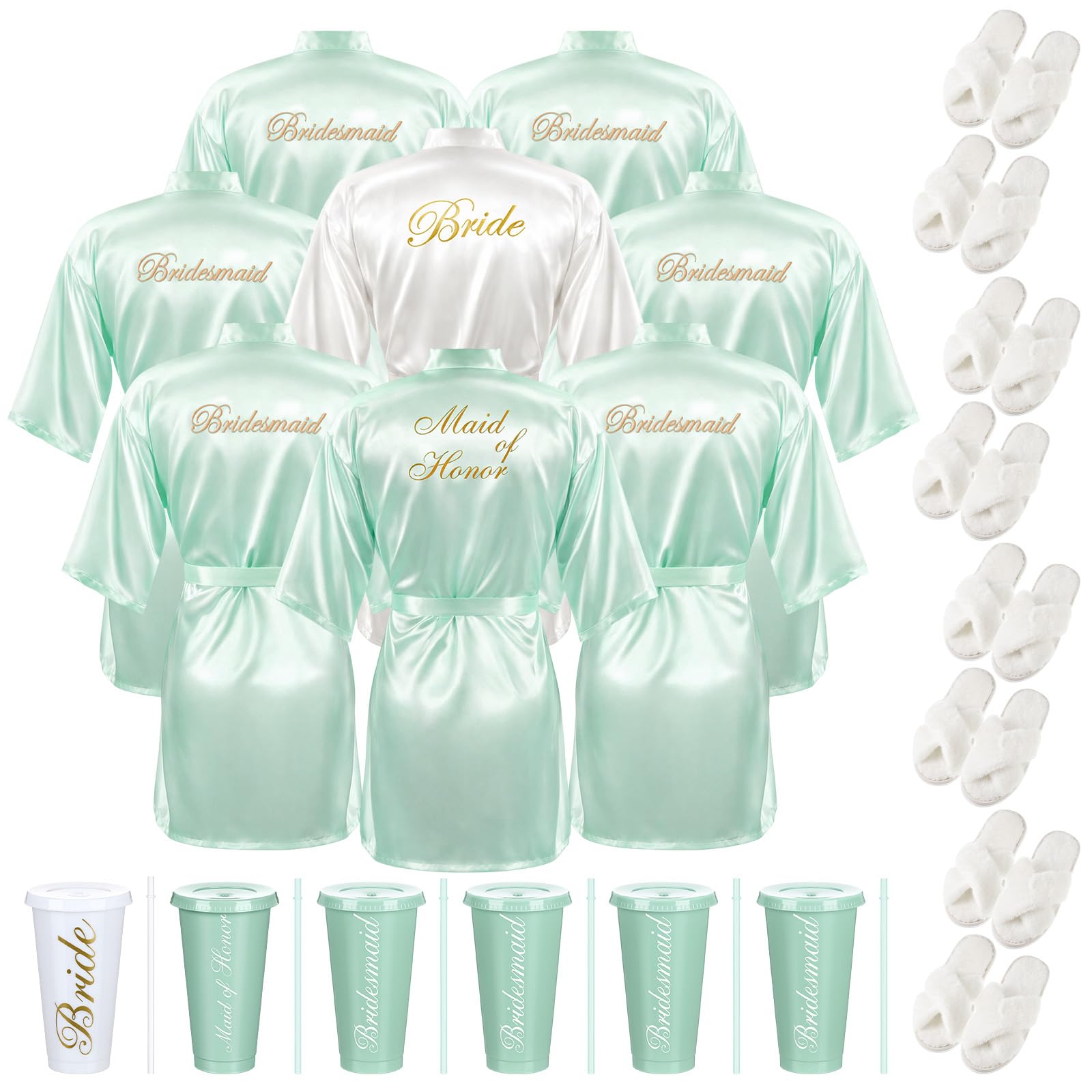 Bonuci 24-teiliges Bademantel-Set für Brautjungfer, Braut, 8 Stück, Braut-Bademäntel, flauschige Hausschuhe, Trinkbecher für Hochzeit, Junggesellinnenabschied