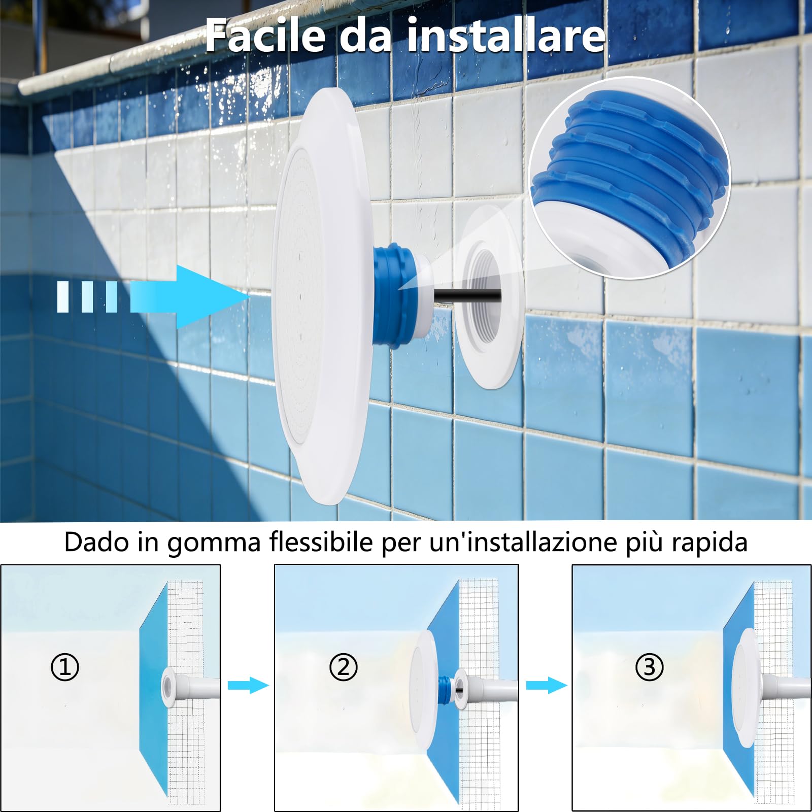 COOLWEST Proiettore Piscina LED con Filettatura 1 1/2", 25W Luci Piscina Bianco Freddo, Ø180mm, 12V AC/DC IP68 Impermeabile Luce per Piscinas Cemento Gradini, 6000K