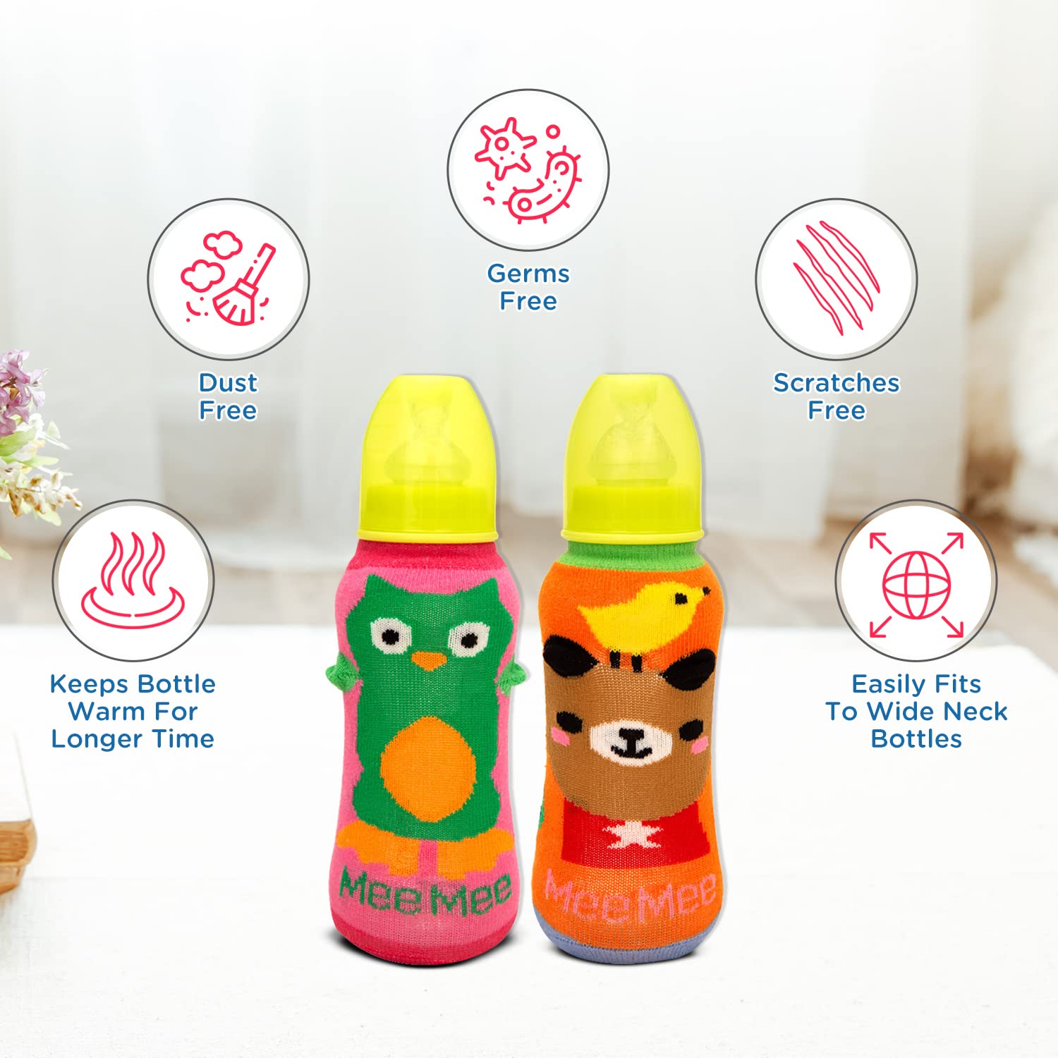 Mee Mee Soft Plush Stretchable Baby Feeding Bottle Cover with Cute Animated Overall Print (Pk-2) Multicolour - Image 4 thumbnail