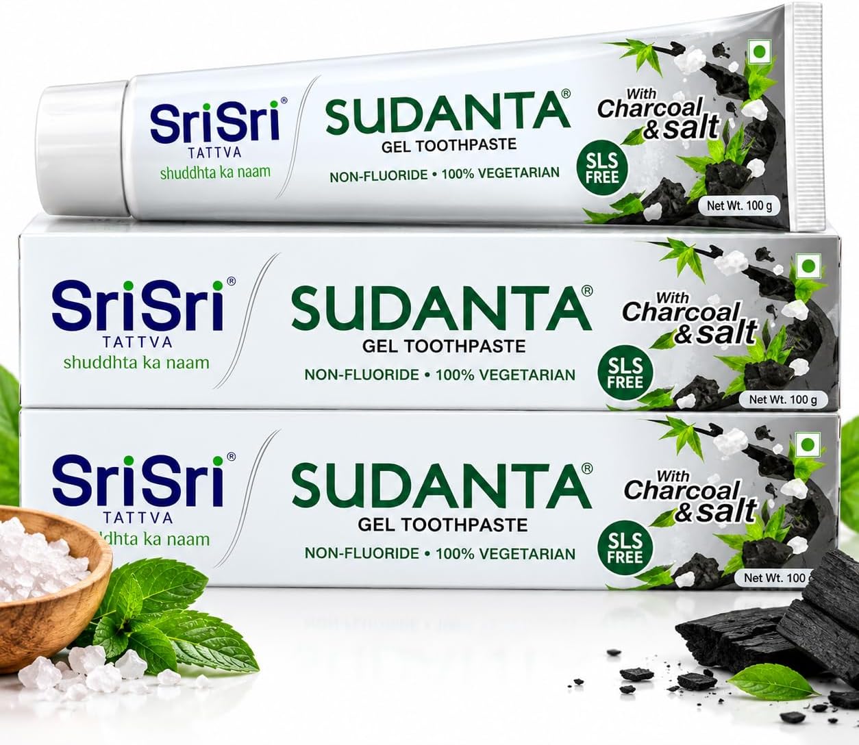 Sri Sri TATTVA shuddhta ka naam Sudanta Herbal Gel Multi Action Toothpaste - All Natural, Sls Free, Fluoride Free Tooth Paste With Charcoal, Salt & More - 100G (Pack Of 2), For Kids And Adults