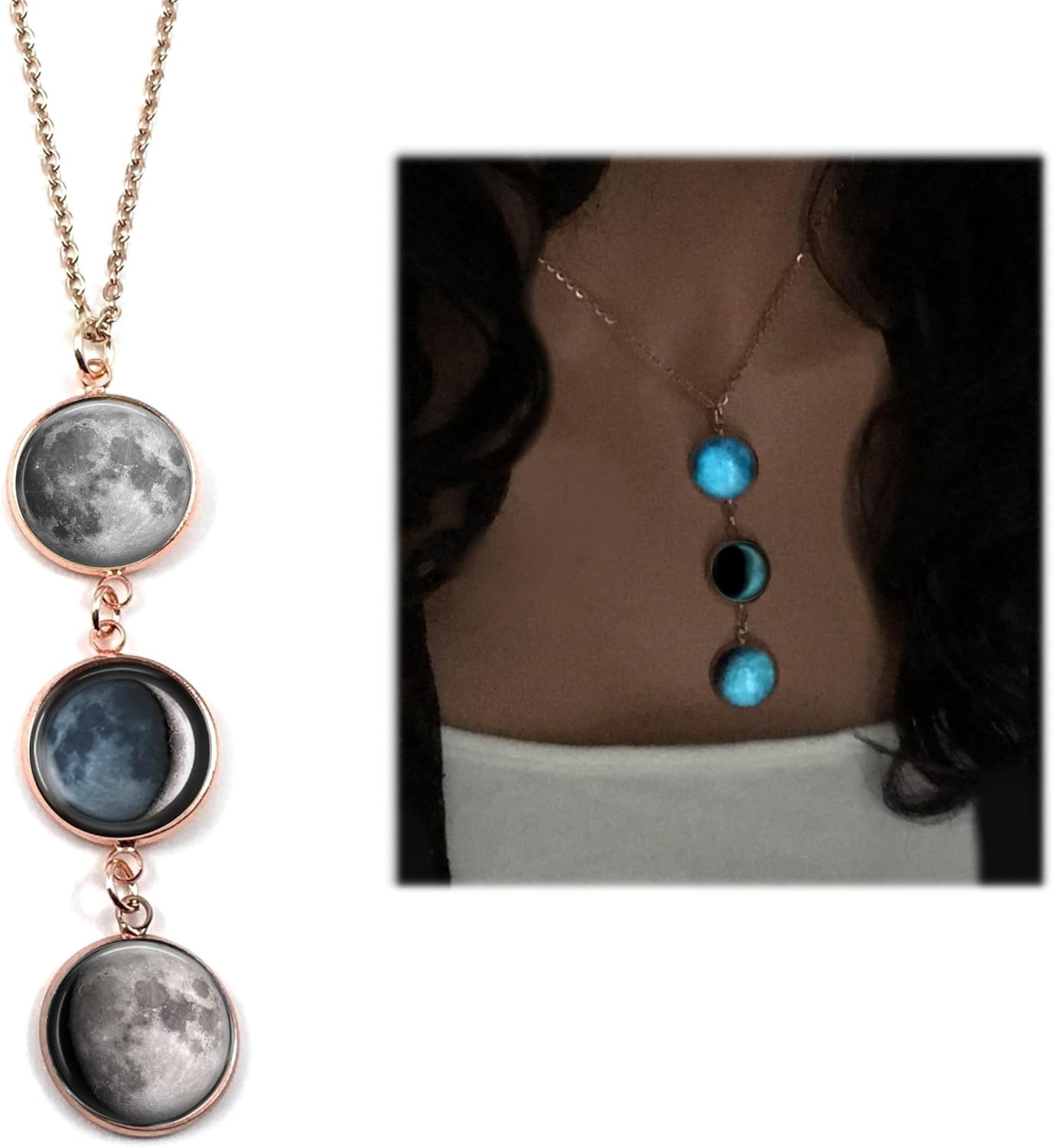 1 Glow in the Dark Rose Gold Tone Custom Birth Moon Necklace with 1, 2, 3 or 4 Personalized Moon Phase Charms