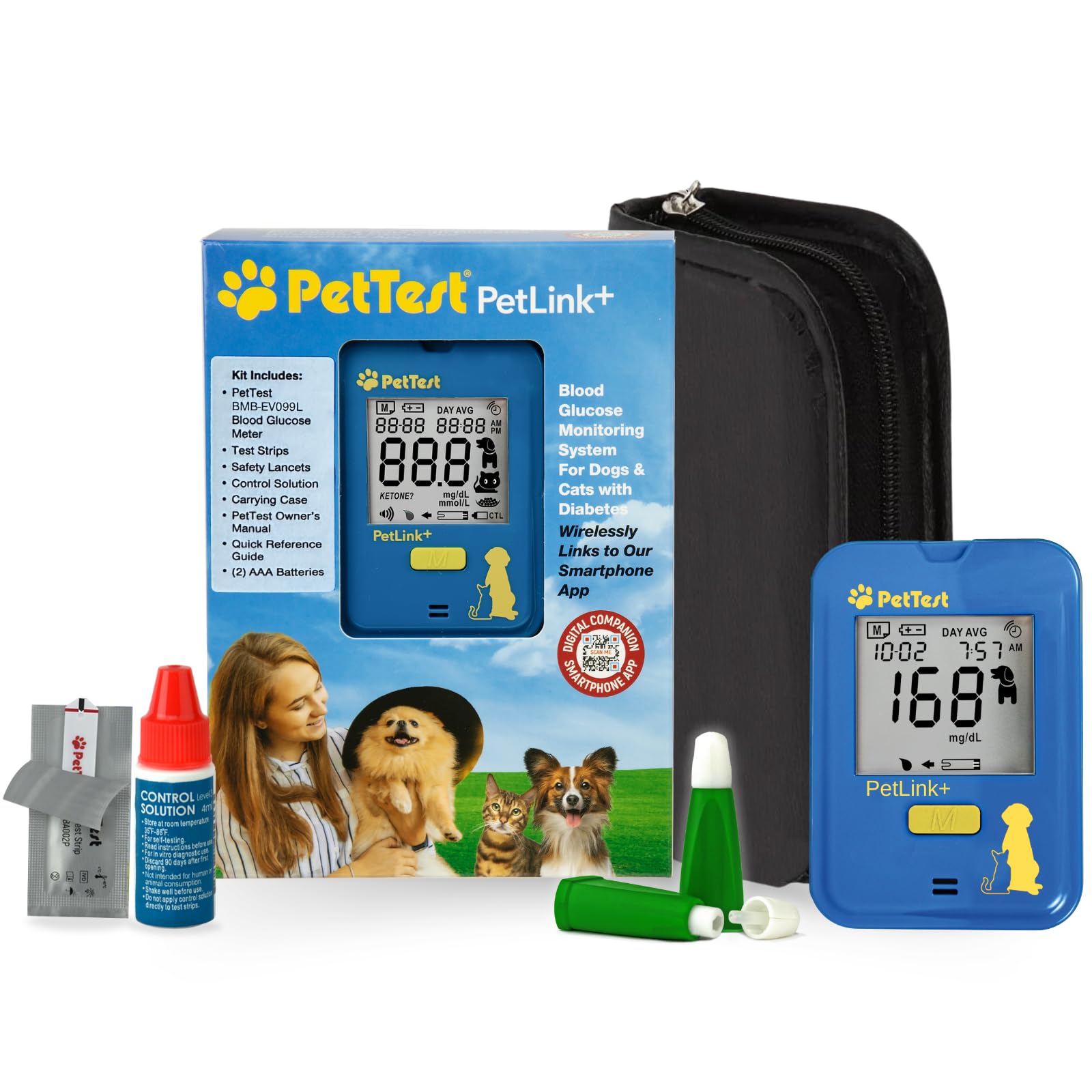 PetTest Beginner Glucose Monitoring Kit for Dogs & Cats, Diabetic Pet Blood Sugar Check Gear, Includes Wireless PetLink+ Meter, 25 Test Strips, 25 Safety Lancets, Soft Carrying Case, and more