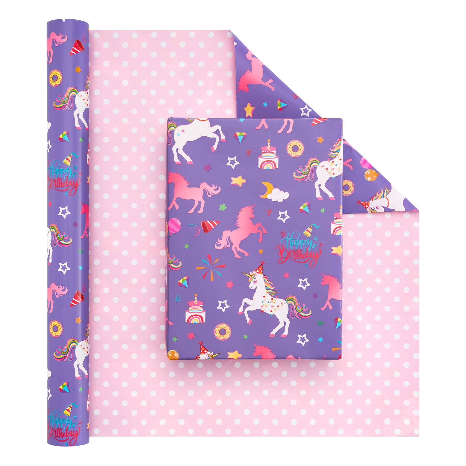 WERNNSAI Unicorn Princess Wrapping Paper Roll - 1 Roll 17” x 33 ft Happy Birthday Wrapping Paper Roll Kids Unicorn Birthday Gift Wrap Roll Girls Princess Theme Party Favor Polka Dot DesignClimatePartner certified
