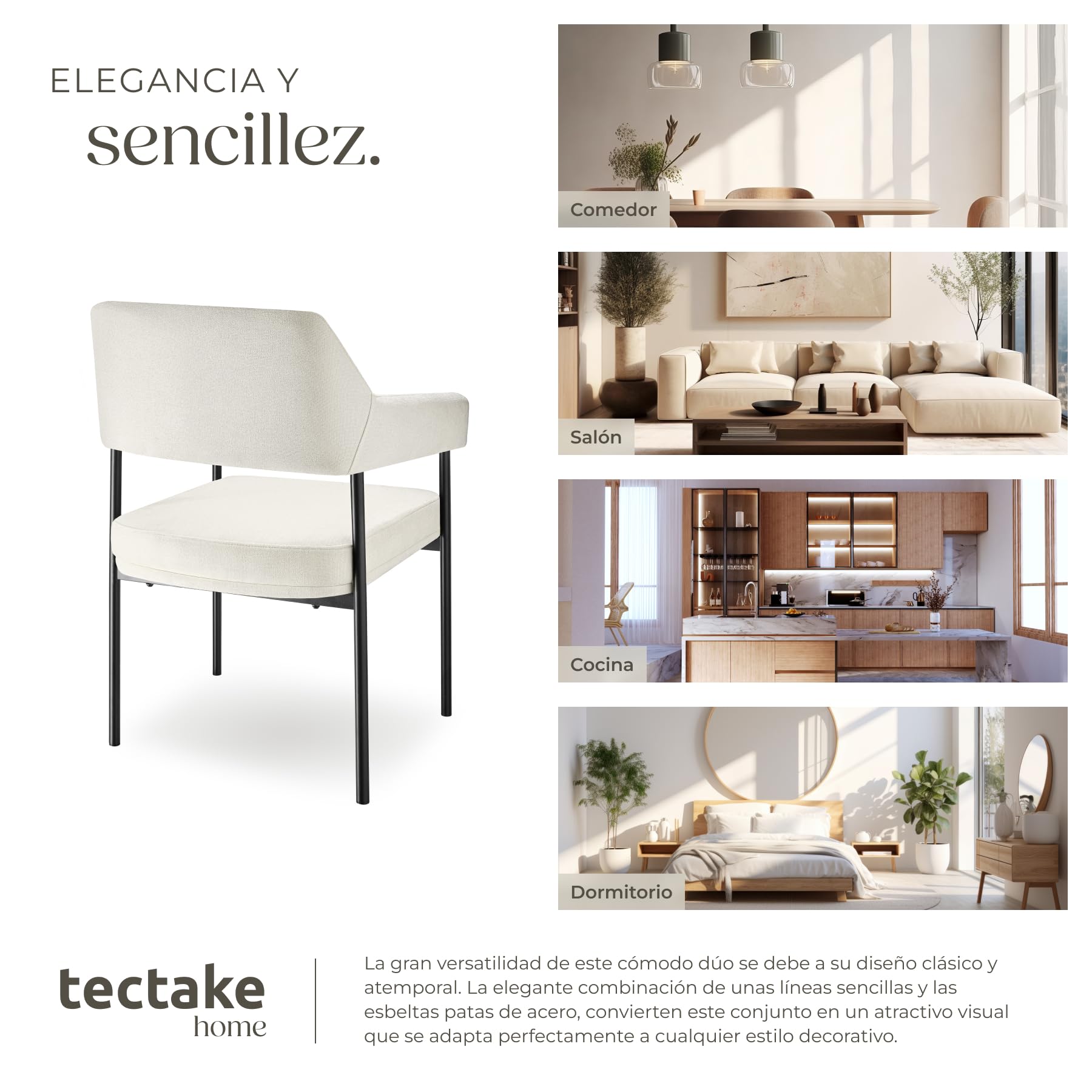 tectake® Silla de Comedor Acolchada, Tapizada en Tela, con Respaldo Continuo y Reposabrazos, Patas de Acero Estables, Silla para Cocina, Salón, Dormitorio - 2 sillas Tejido Blanco Roto/Negro