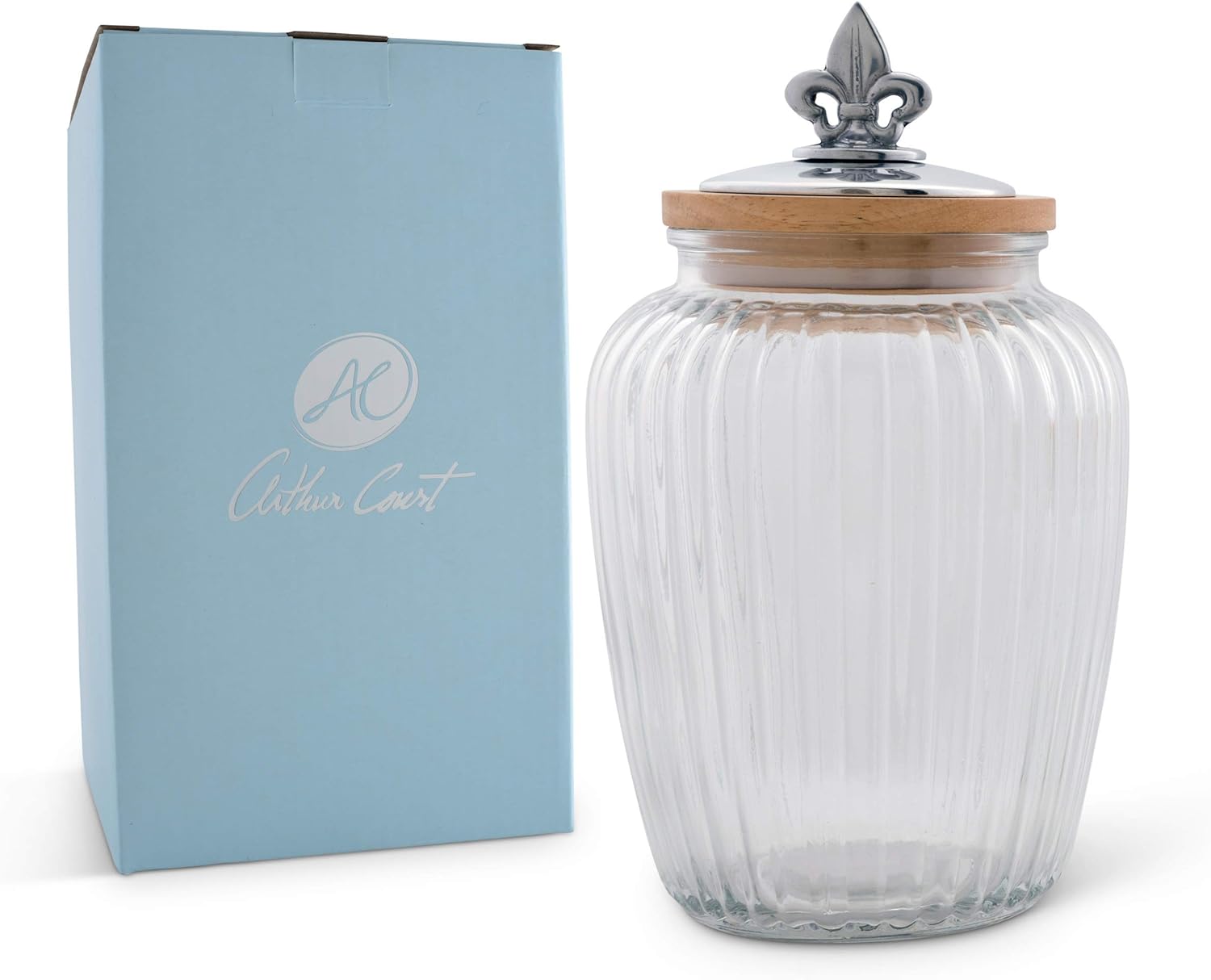 Arthur Court Canister Glass for Kitchen with Rubber Airtight Seal for Food Storage Fleur De Lis Knob Large Size 9.5 inch Tall 60 oz