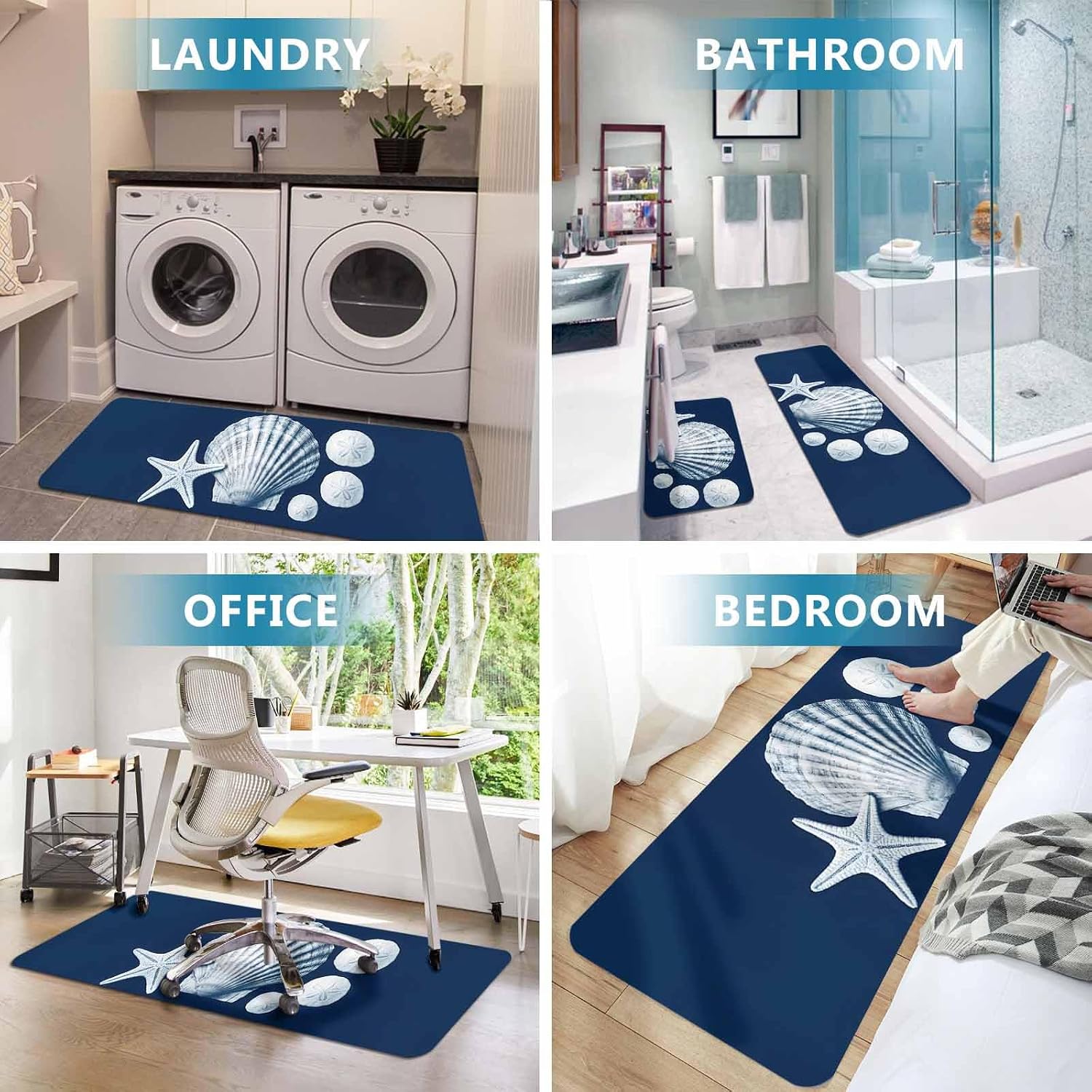 Marine Life Kitchen Mat Set 2 Pieces Gray Shell Starfish Dark Blue Ocean Modern Simple Non Slip Kitchen Rugs Washable Runner Rug Mats for Floor Sink Laundry Office 15.7" x 23.6"+15.7" x 47.2"