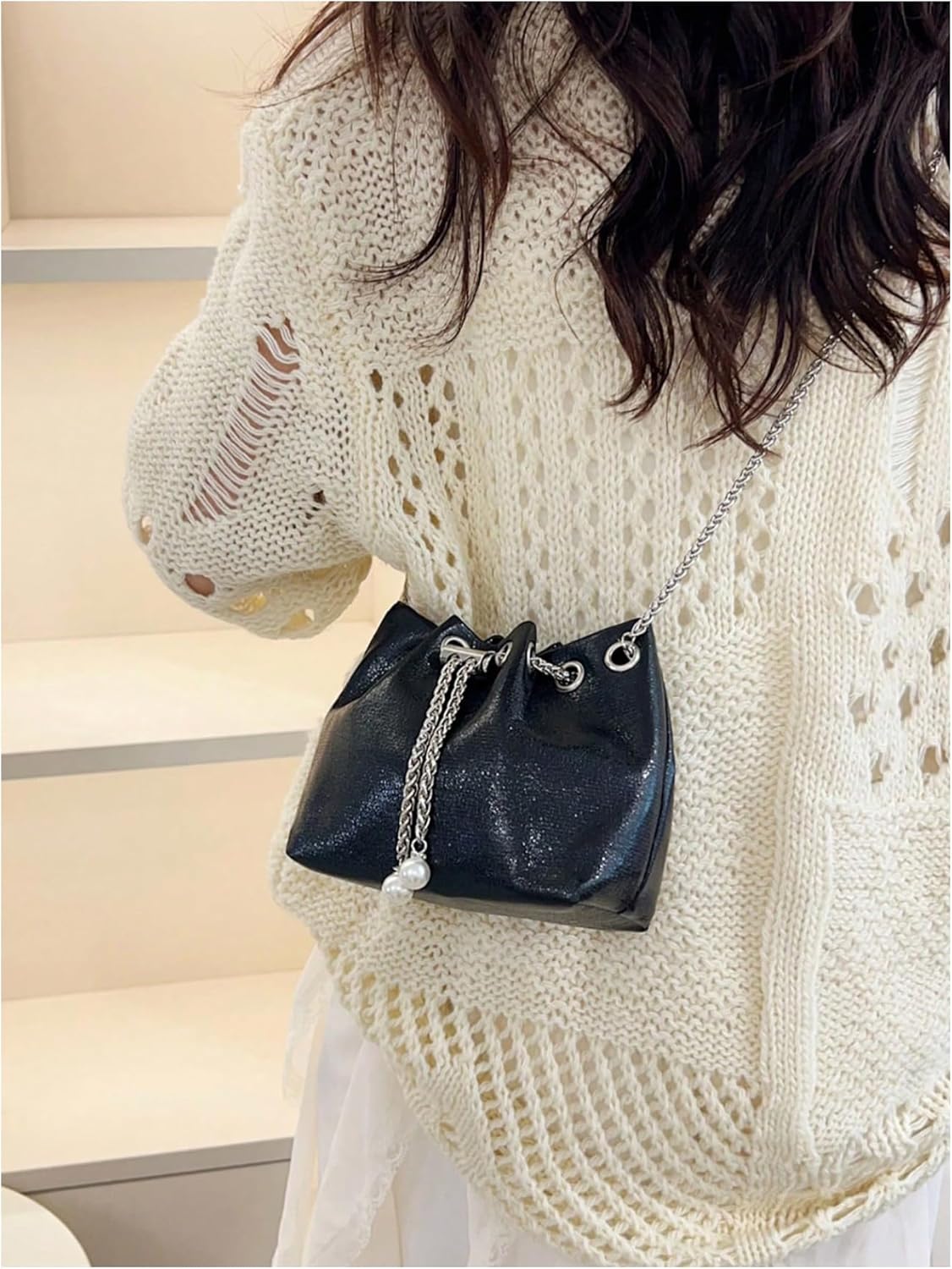 Women's Leopard Drawstring Bucket Bags Chain PU Leather Retro Crossbody Bags Purse - Image 4