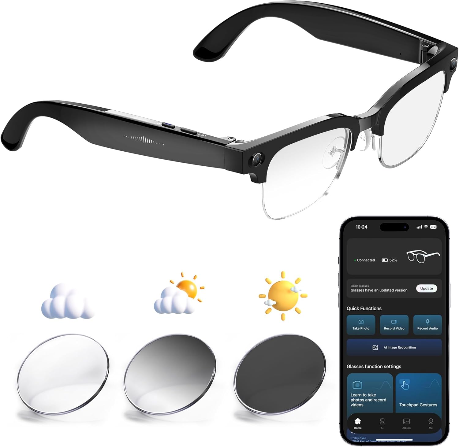 Yowow BIT AI Smart Camera Glasses with HD 8MP Camera, 4K Photos & 1080P Video,Anti-Shake, 12H Music/Bluetooth Calls, Real-time Translation/GPT Object Recognition, IP66 Waterproof, Blue Light Glasses