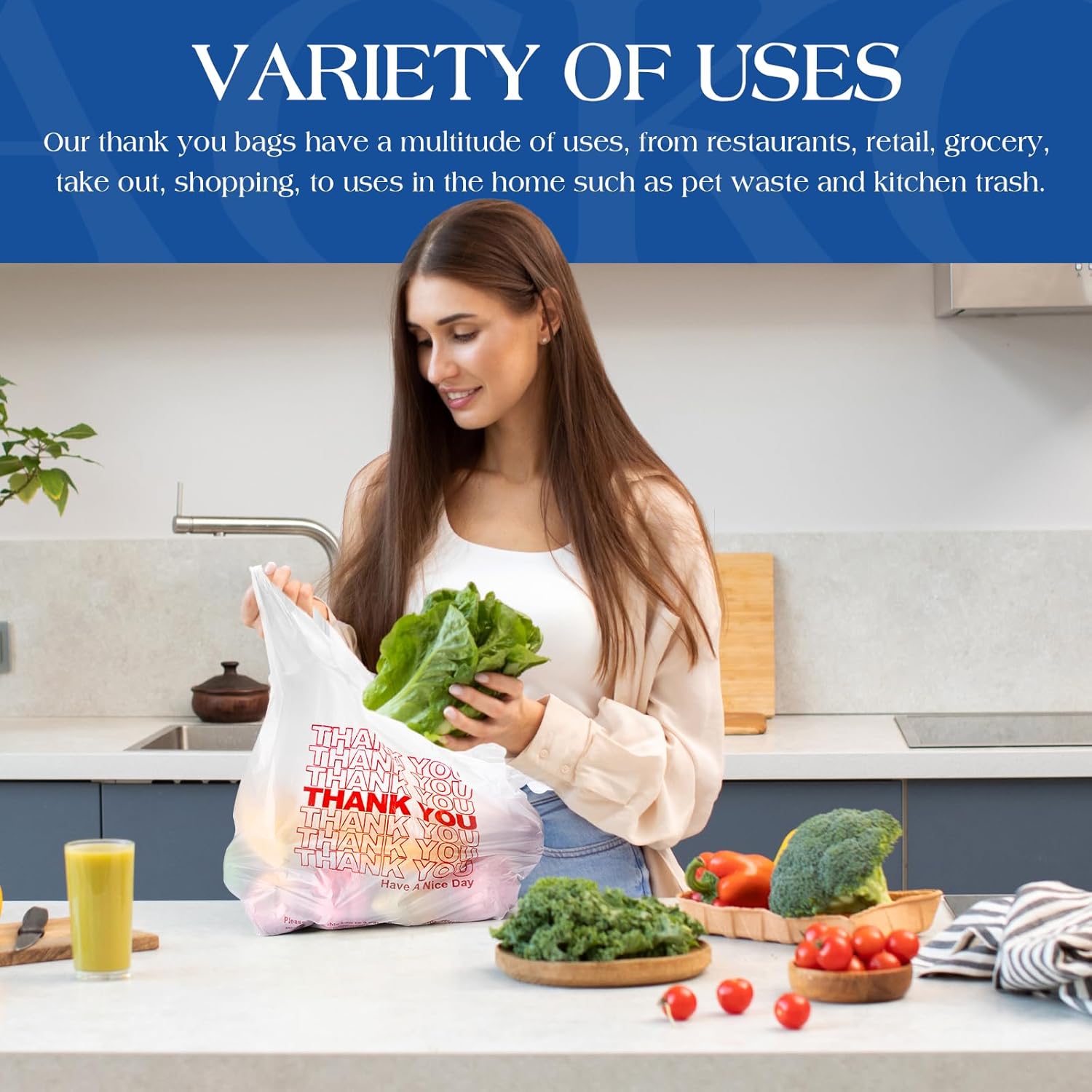 ACKO 1000 Count - Plastic T-shirt Bags with Handle, (11.5 x 6.5 x 21") 4 Gallon Thank You Bags for Grocery, Take Out, To Go, Retail Shopping Bag, Small Garbage Trash Bag for Home Office Kitchen - Image 8