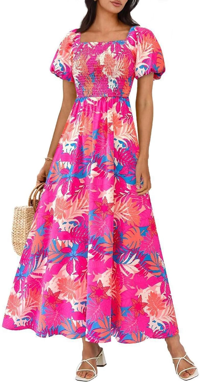 BTFBM Womens Summer 2025 Casual Maxi Dresses Short Sleeve Smocked Tiered Floral Boho Long Beach Dress with Pockets