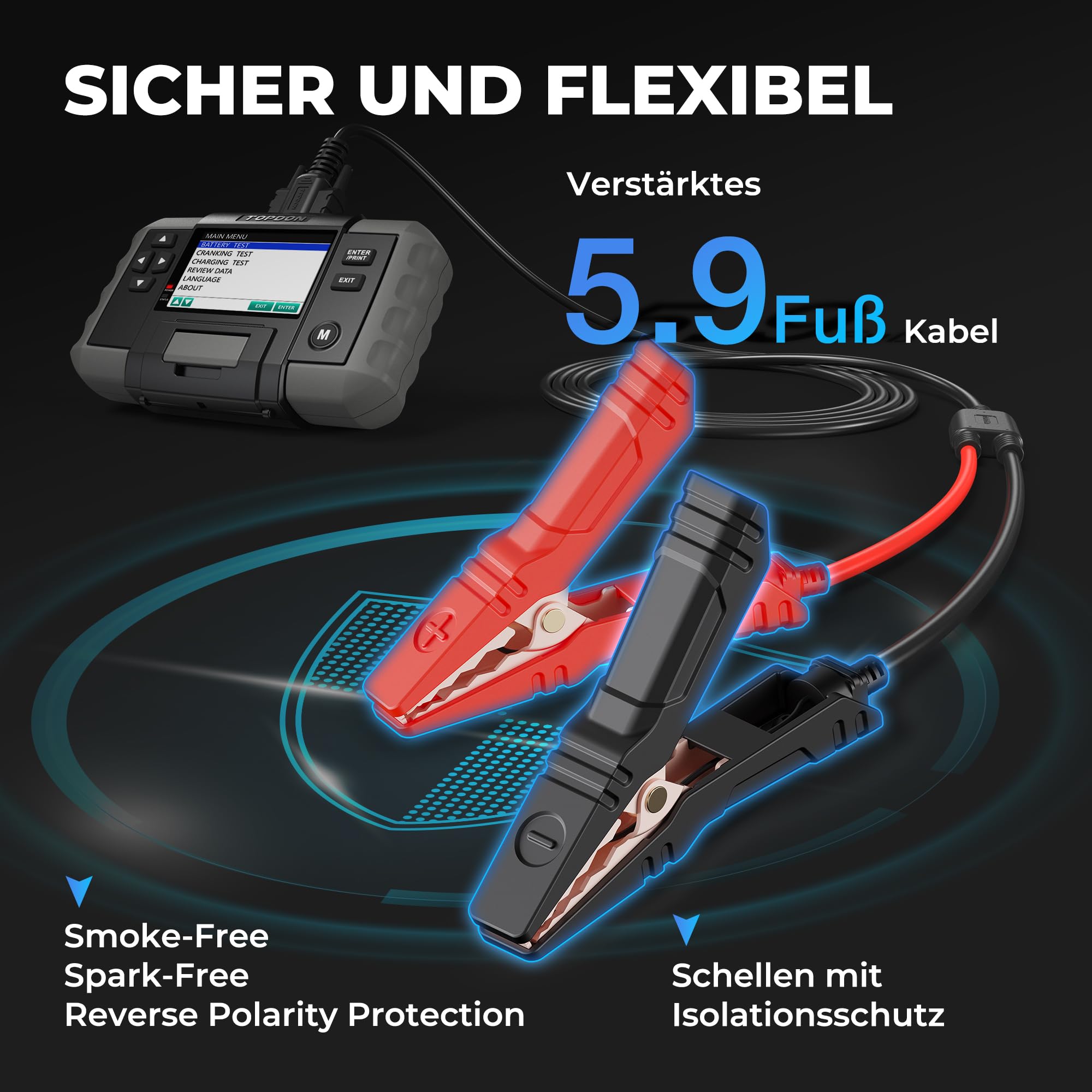 TOPDON BT600 Batterietester KFZ 12V 24V, 100-2000 CCA Autobatterie Tester mit Drucker, 3,5 Zoll Farbbildschirm, 5,9 Fuß Kabel, Mini-USB für Software-Update, Verfügbar für Heimwerker und Profis