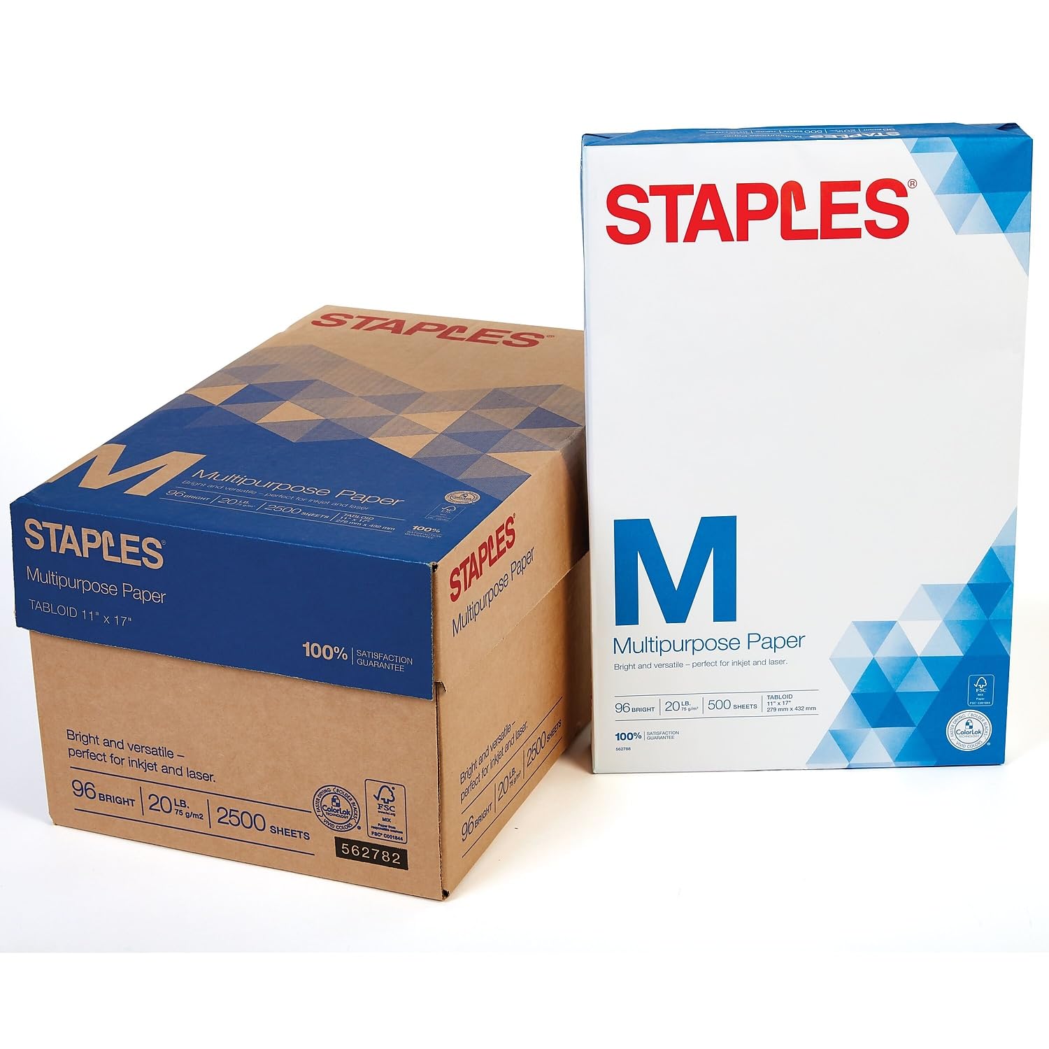 Staples Inkjet Paper - 11" x 17" Multipurpose Paper, 1 Carton of 5 Reams for 2,500 Total Sheets, 20 lbs, 96 Bright Paper - FSC and Rainforest Alliance Certified, Acid-Free
