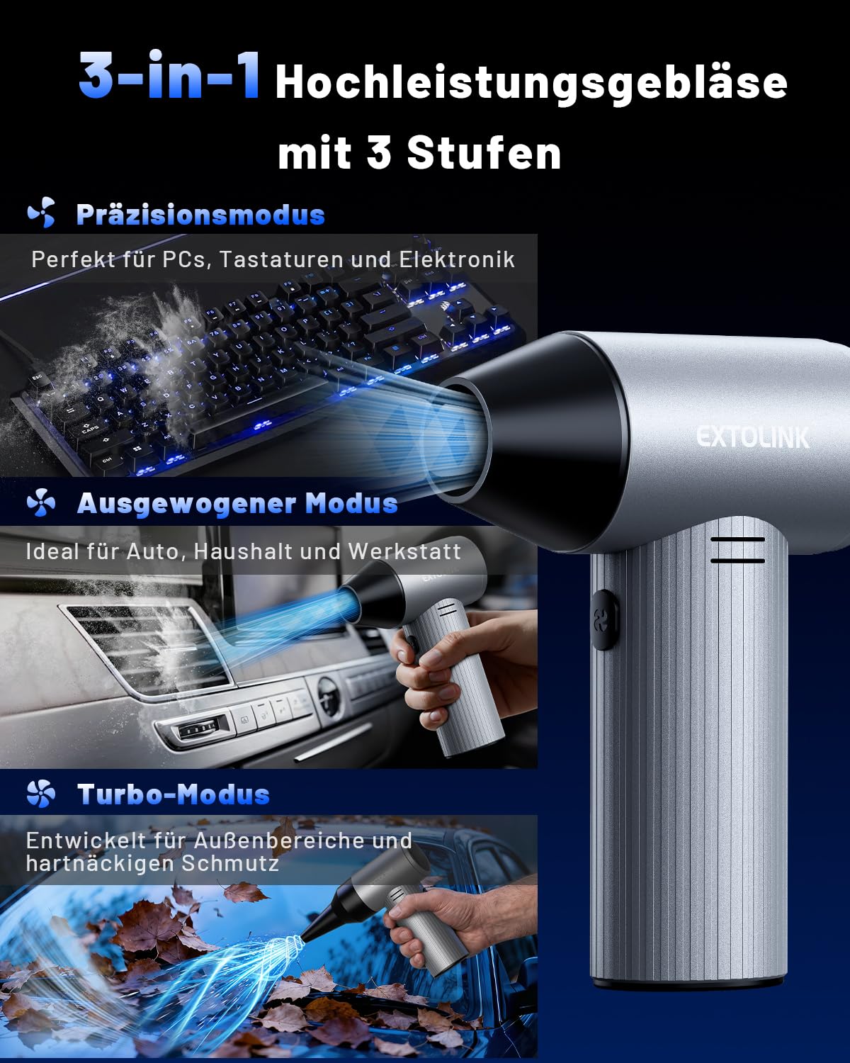 Elektrische Staubgebläse 330,000 U/min Druckluftspray mit 3-Stufige Einstellung, 7500mAh Akku & PC Cleaning Druckluft Kit, Compressed Air Duster für Desktop, PC, Tastatur, Laptop, Car