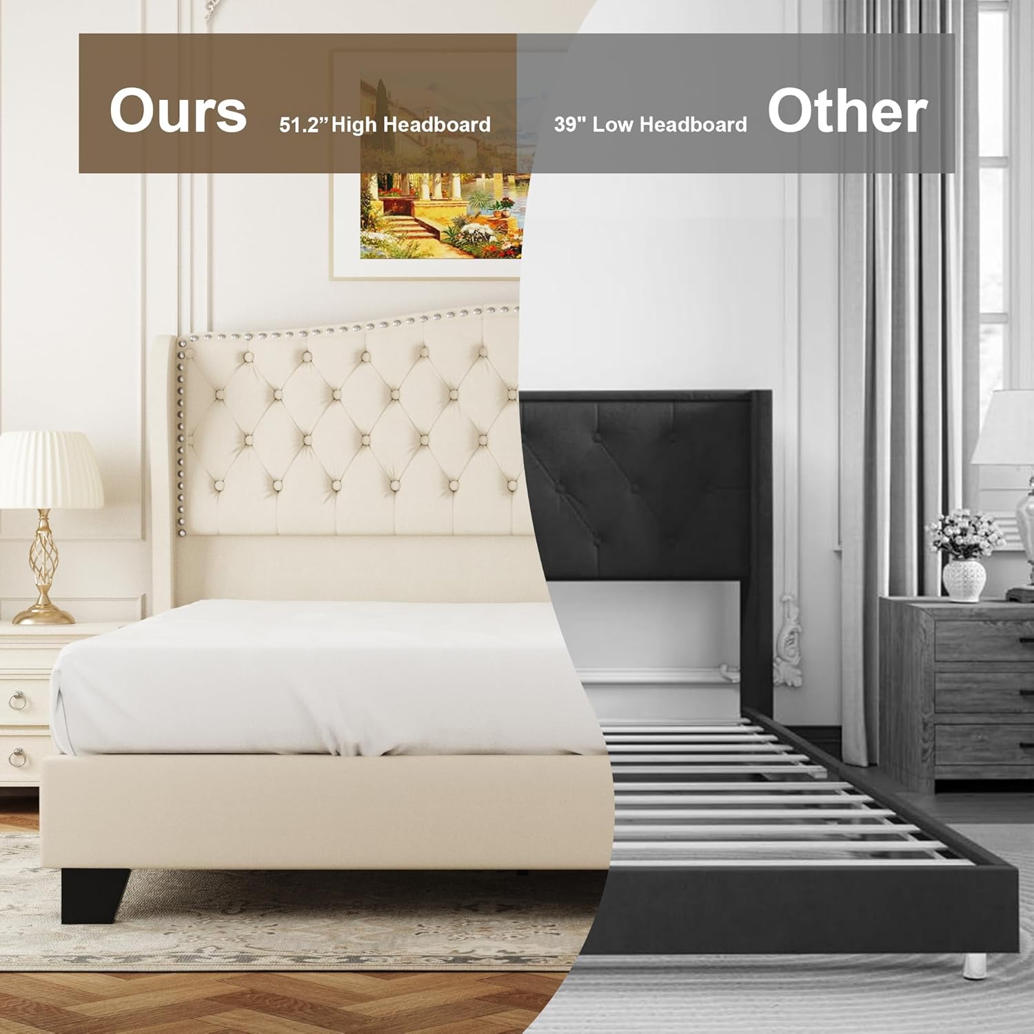 Queen Size Bed Frame with 51.2" Tall Headboard, Velvet Upholstered Platform Bed Wingback Headboard, Diamond Textured, Button Tufting, Mattress Foundation, No Box Spring Needed, Beige