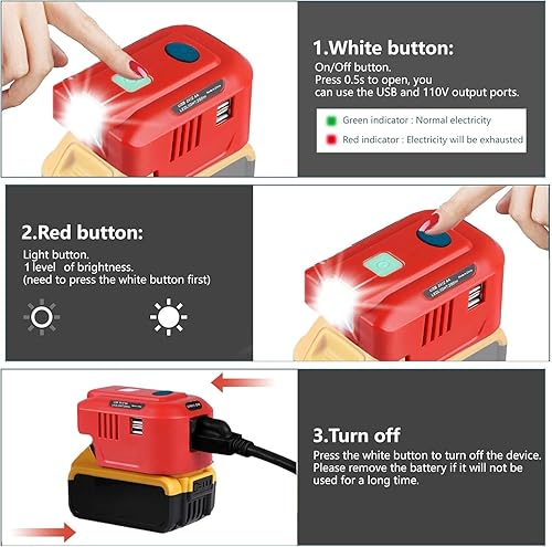 Miniatura 8 de Adaptador de cargador USB Dewalt, para Dewalt inversor alimentado por 150 W, convertidor de 18 V CC a CA 110 V 120 V con luz LED