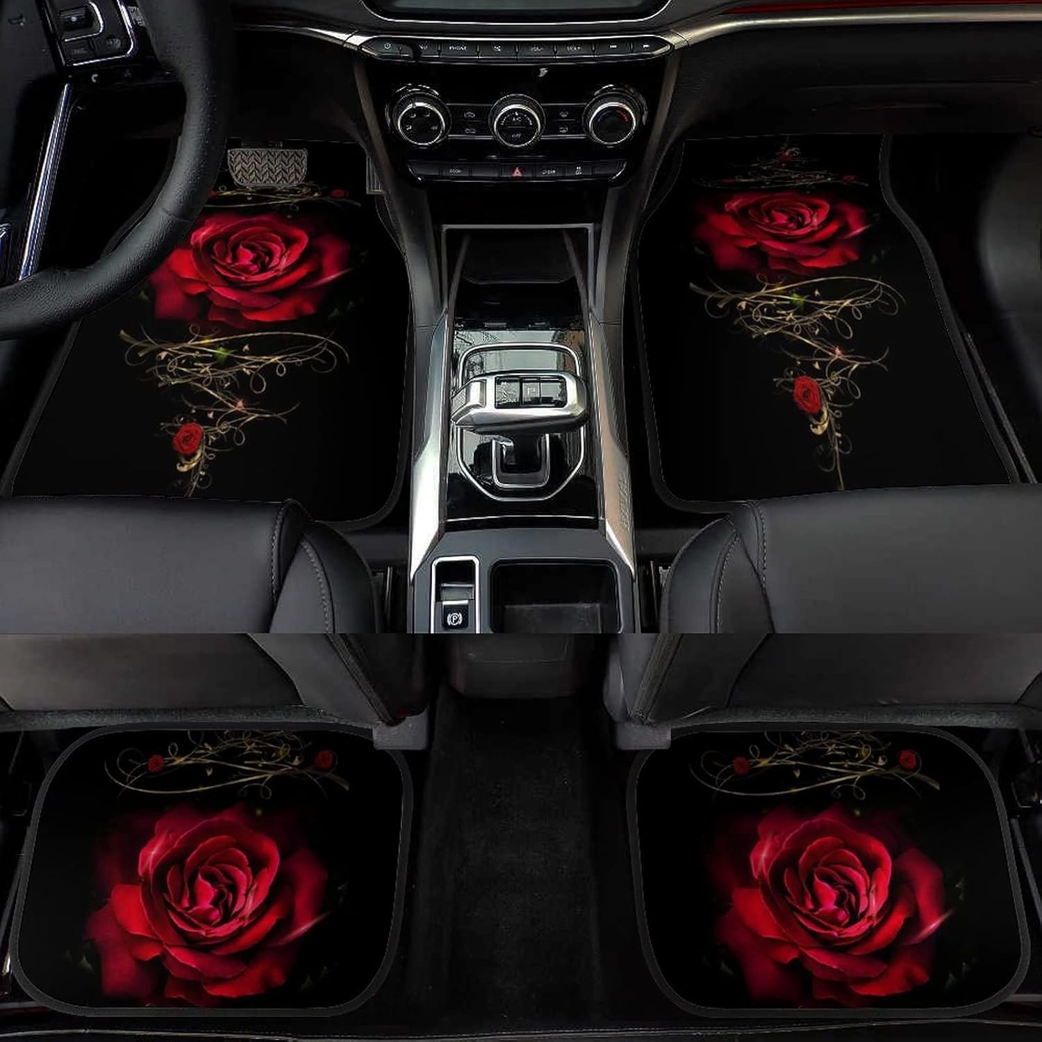 Rose Car Floor Mats Set of 4,Red Rose Floral Print Flower Design Vehicle Front Rear Carpets Mat Decorative Car Floor Carpets Rugs Non-Slip Auto Car Accessories Universal Fit for Car SUV Truck Van