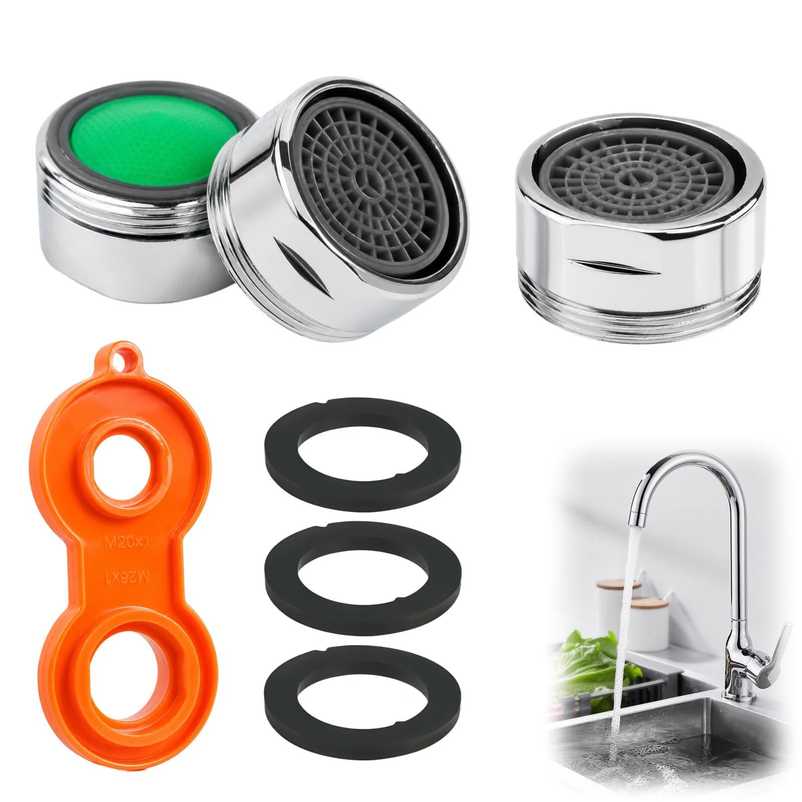 3 Pièces Mousseur Robinet M24 en Laiton, Embout Robinet Cuisine, Économiseur d'Eau pour Robinet, Aérateur à Jet Réglable, Filtre Amovible, Brise-Jet en Acier Inoxydable avec Joints et Clé de Montage