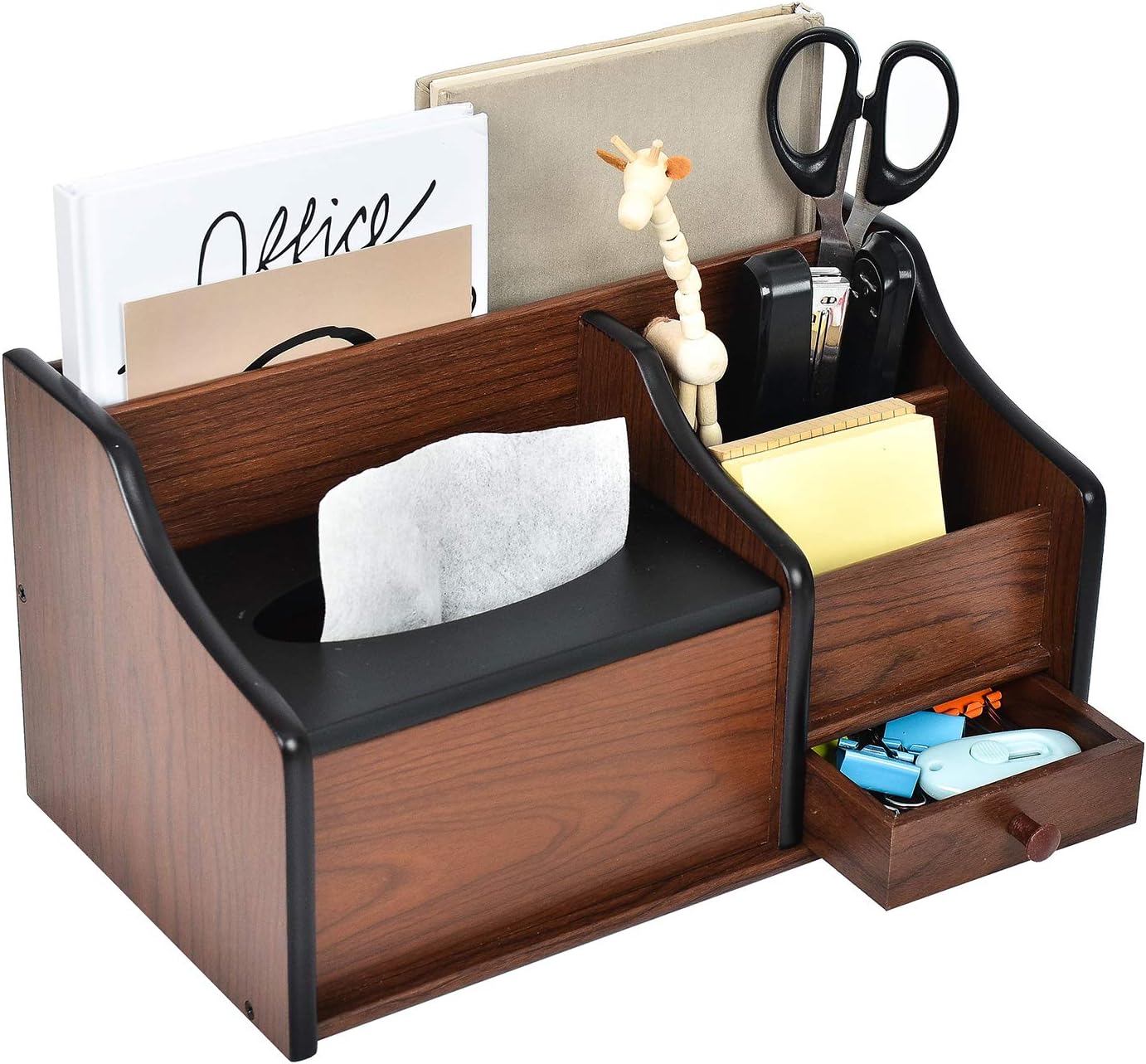 Cherry Brown Wood Desk Organizer Tissue Box Lid Multiple Slots Drawer Tabletop Storage Cabinet Solid Wood Phone Tablet Remote Control Holder Office Supplies Caddy Accessory Sorter Home