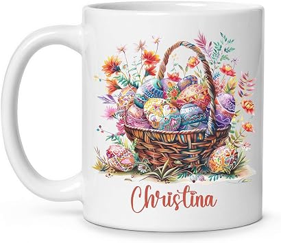 Personalized White Porcelain Cups With Name, Customized Easter Basket On Travel Mug With Colorful Pattern Design, Custom Easter Day Coffee Cups Gifts For Friends, Happy Easter Mugs