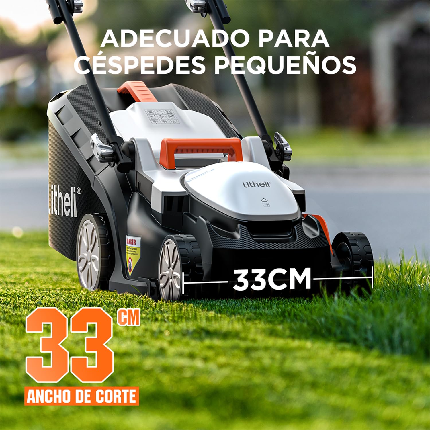 Litheli Cortacésped Batería 33cm, 1x 20V 4,0Ah Batería, hasta 200 m², 30L Bolsa Recolectora, 25-65 mm, 5 Niveles de Altura de Corte