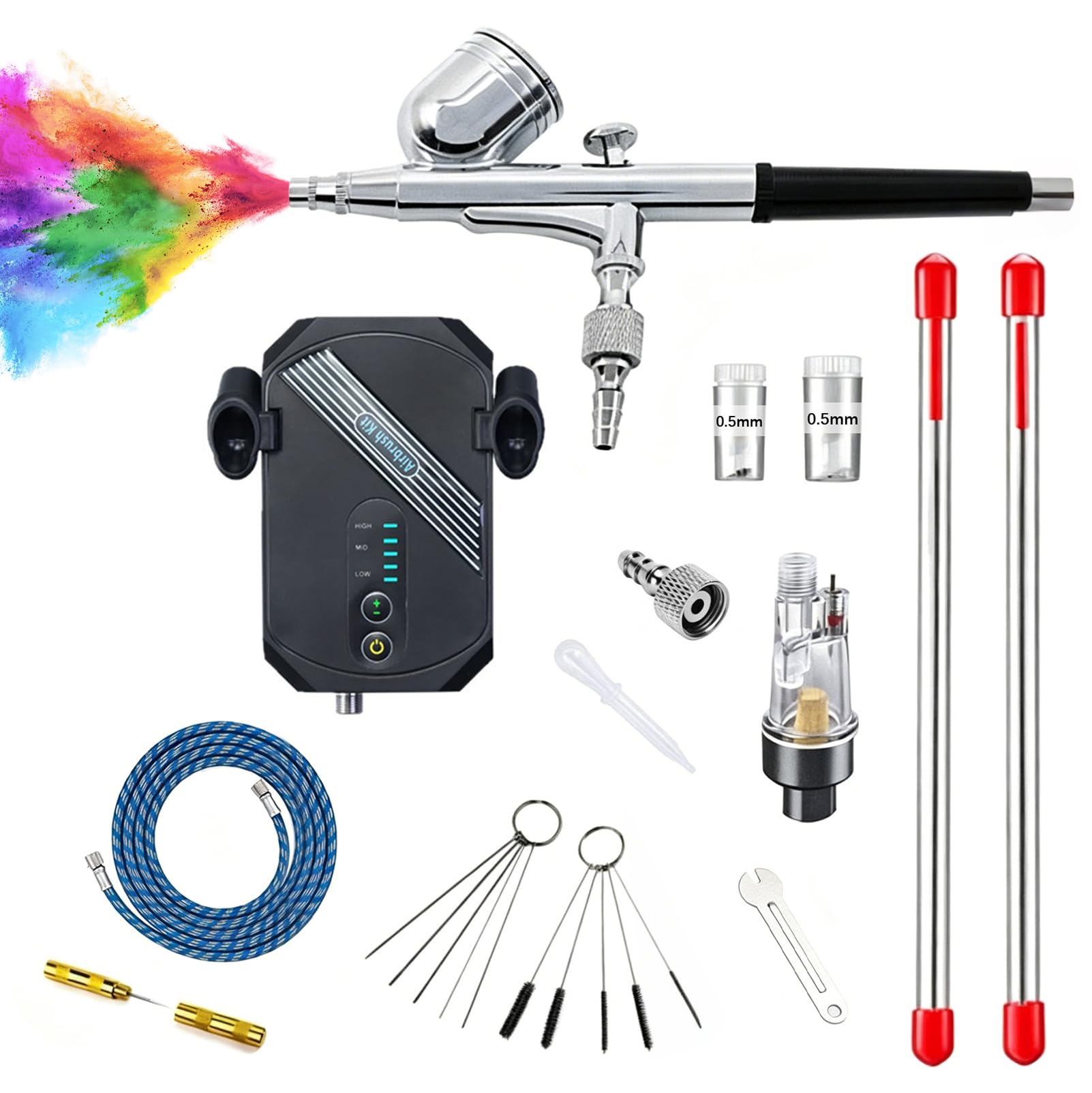 Kit Aerografo con Compressore Portatile, 3 Livelli di Pressione (28-48 PSI) & 3 Ugelli (0,2/0,3/0,5 mm) – Aerografo a Doppia Azione 12W per Modellismo, Trucco, Nail Art e Decorazione Torte